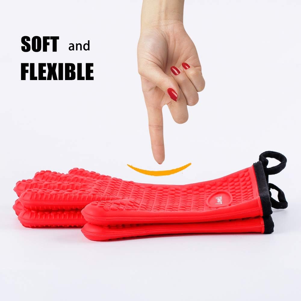 Kitchen Oven Gloves - Dual-Layer Heat Resistant Grilling Gloves, Silicone Oven Mitts with 5 Fingers, Waterproof Non-Slip Pot Holder for Barbecue, Cooking, Baking (XL-XXXL, Red)
