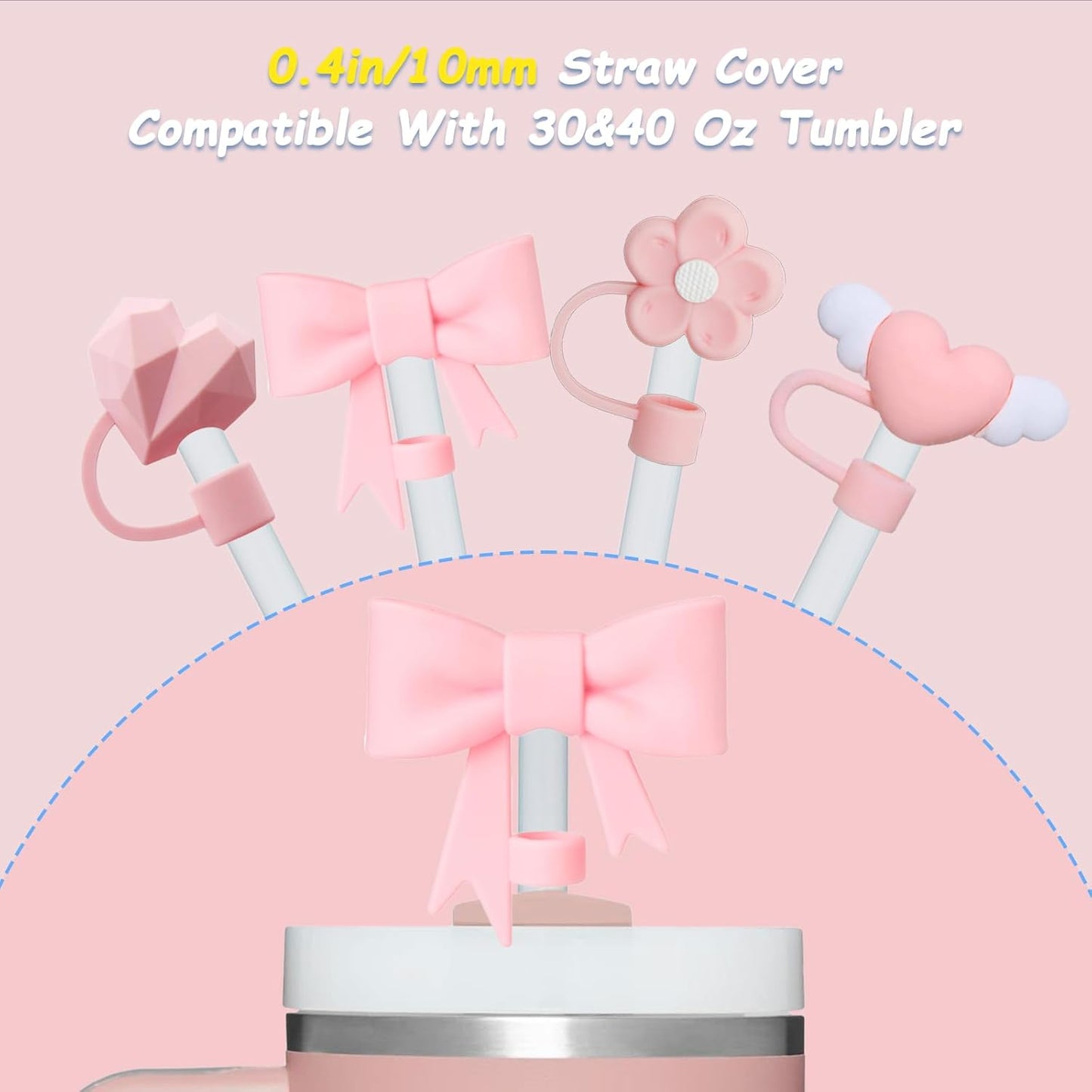 4 Pcs 0.4in Straw Cover for Stanley Cup, Silicone Straw Topper Set for 30&40oz Stanley Tumble, Fit for 10mm/0.4in Straws (Pink)