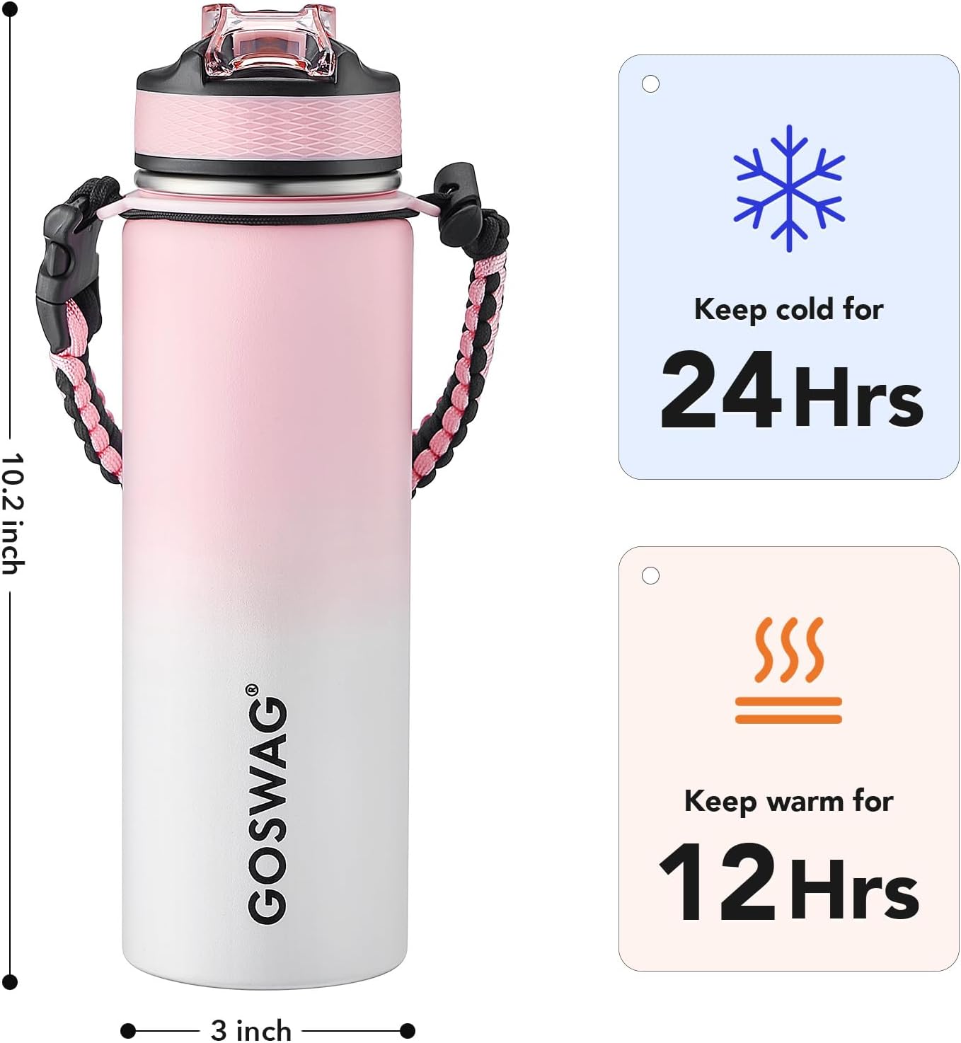 GOSWAG Insulated Sports Water Bottle, 24oz 2 Lids(with Straw/No Straw), Stainless Steel Water Bottles with Paracord Handle, Insulated Bottle with Double-Wall Vacuum Insulation