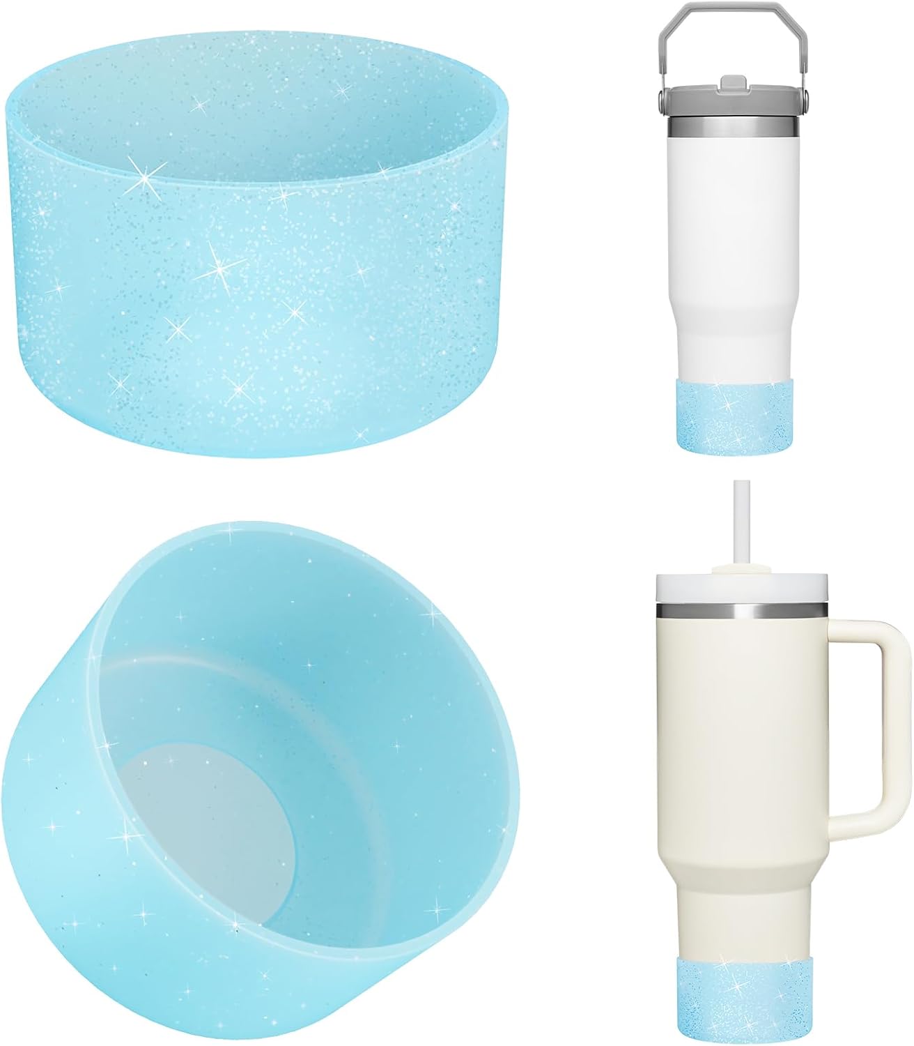 Upgrade 2PCS Protective Silicone Boot Bumper for Stanley Quencher Adventure 40oz 30oz IceFlow 20oz 30oz Tumbler, Water Bottle Bottom Sleeve Cover Accessories for Stanley Mug Cup(Glitter Blue)