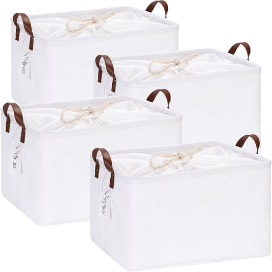 Hinwo 31L Large Storage Bins, 4-Pack Closet Organizers and Storage, Foldable Clothes Storage Baskets with Handles, Containers for Clothing, Blanket, Towels, Toys, Bedding (White)