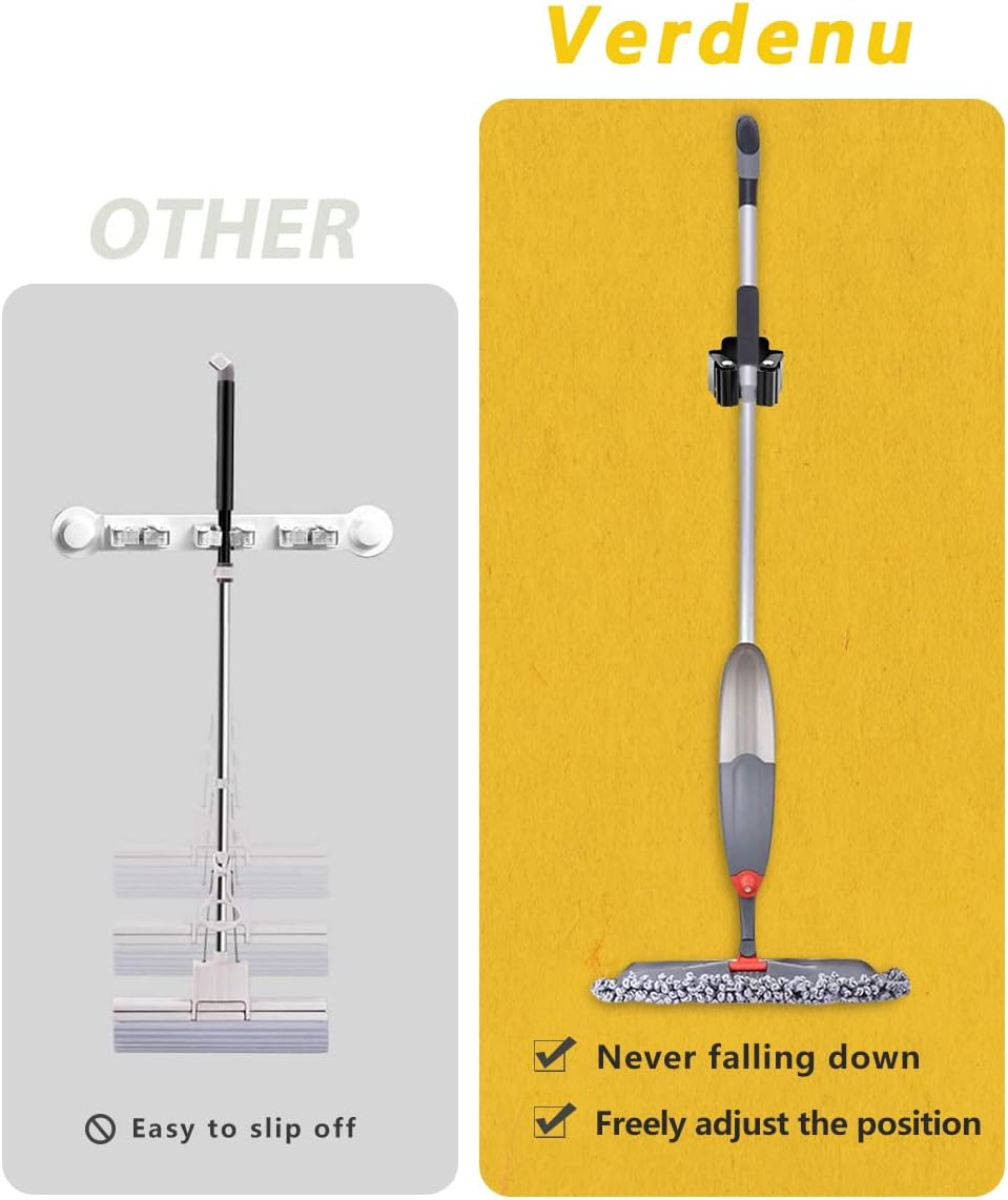 Verdenu 6 Pack Broom Holder, Stainless Steel Command Broom Holder with Screws, Garden Tool Rack for Kitchen, Home, Bathroom, Garage Storage, Black