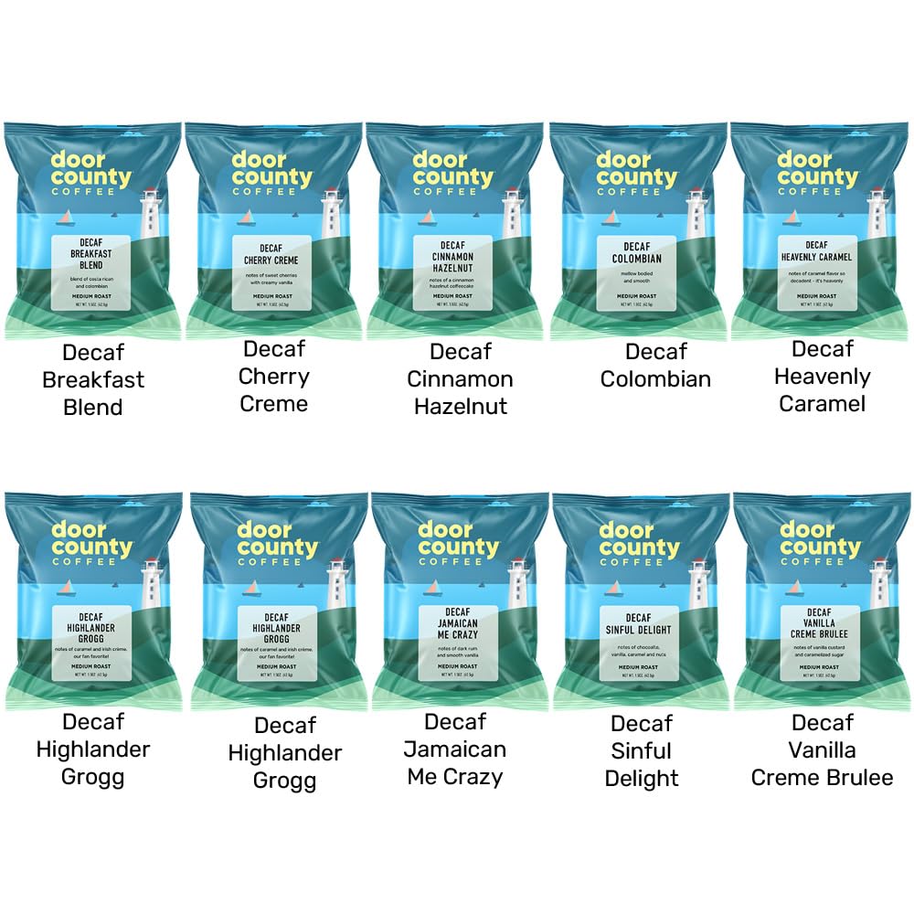 Gourmet Flavored Decaf Coffee Sampler Pack - 10 Bags of Unique Flavored Coffees – 100% Specialty Grade 1 Arabica -1.5 oz Full-Pot Bags - Roasted by Door County Coffee