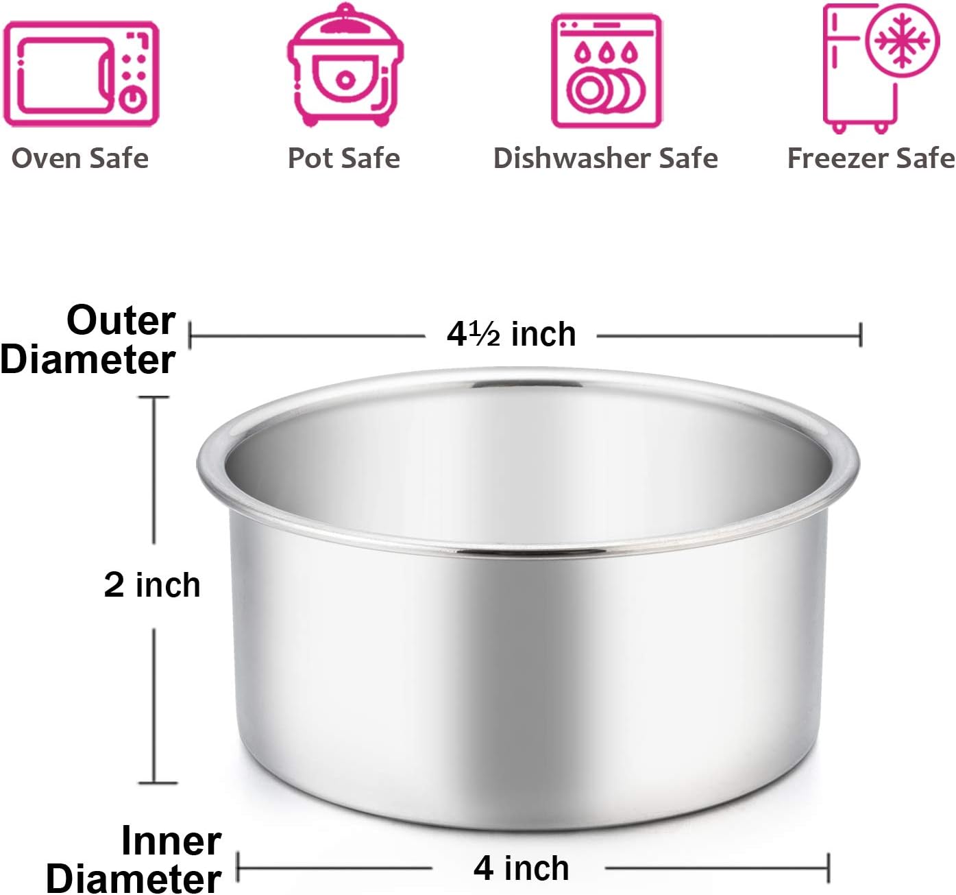 E-far 4 Inch Small Cake Pan Set of 6, Stainless Steel Mini Round Smash Cake Baking Pans Tins, Non-Toxic & Healthy, Mirror Finish & Dishwasher Safe
