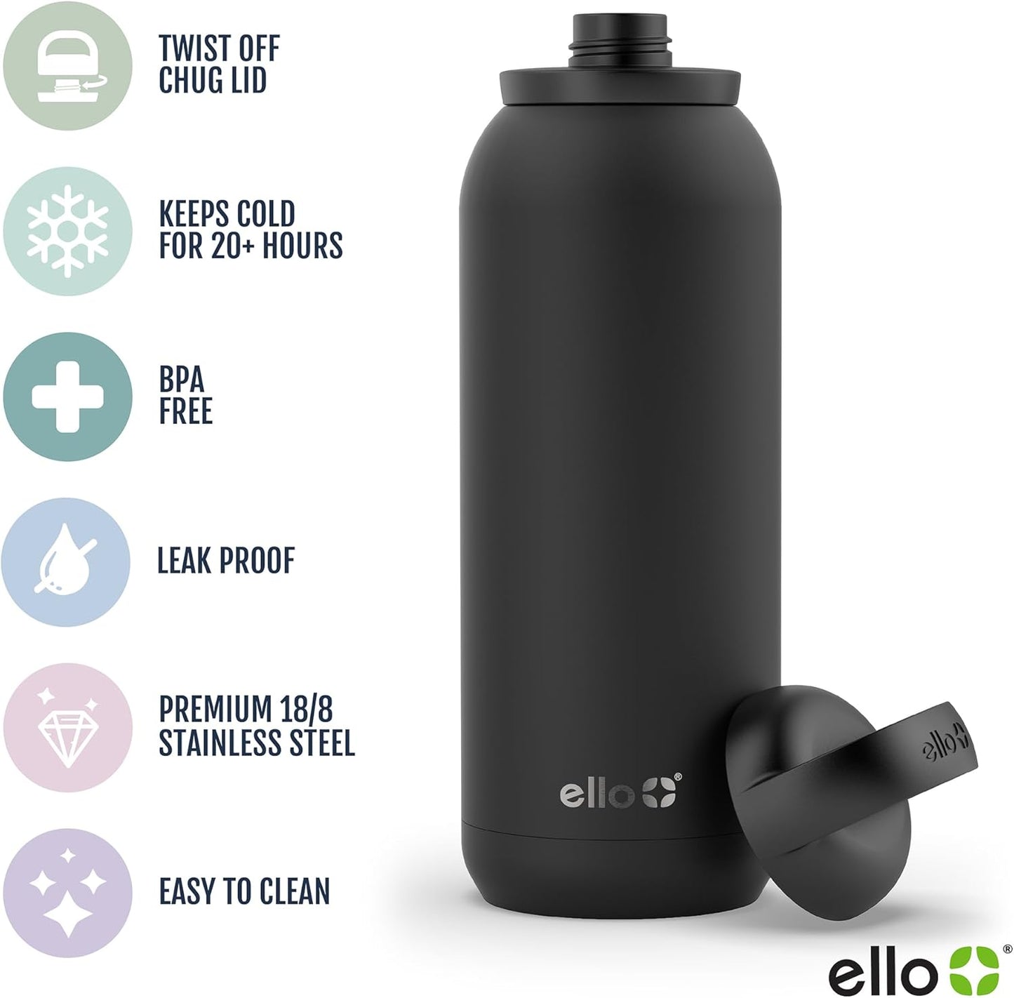 Ello Cooper Twist 40oz Stainless Steel Water Bottle with Chug Lid | Leak Proof | Double Walled and Vacuum Insulated | Built in Carry Loop | Dishwasher Safe | Halogen Blue
