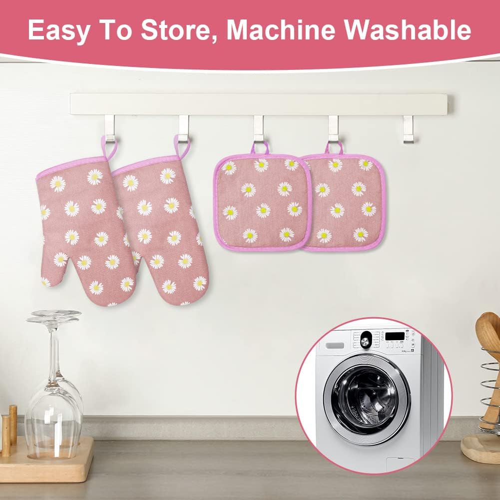 AUAUY Oven Mitts and Potholders, BBQ Gloves Heat Resistant, 1 Pair Oven Mitts and 2 Pot Holders, Cotton Non-Slip Cooking Gloves for Cooking Baking Kitchen Microwave Pizza(Daisy-Pink)
