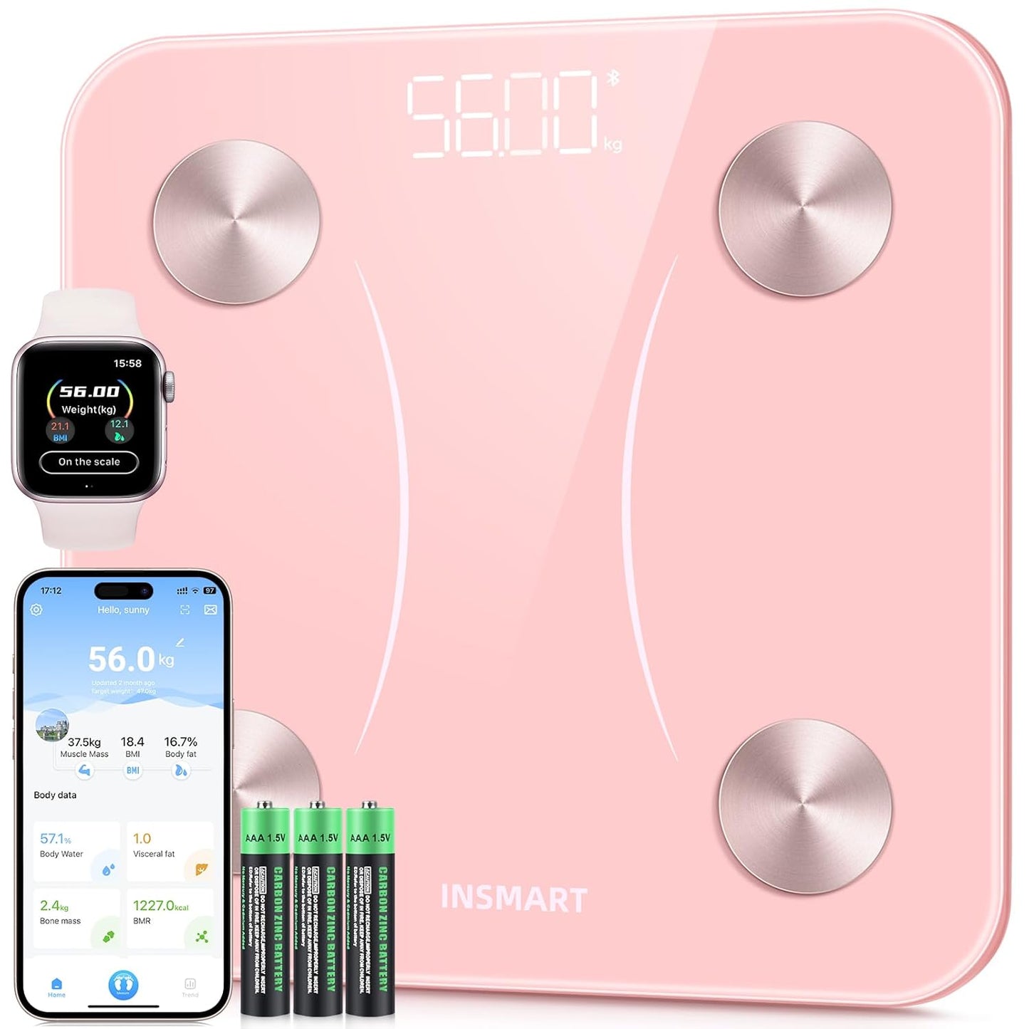 INSMART Smart Scale for Body Weight, Digital Bathroom Scale with BMI, Muscle Mass, Bluetooth Body Fat Scale,17 Body Composition Analyzer with Smart APP Sync Weight Scale, 400 lbs - Pink