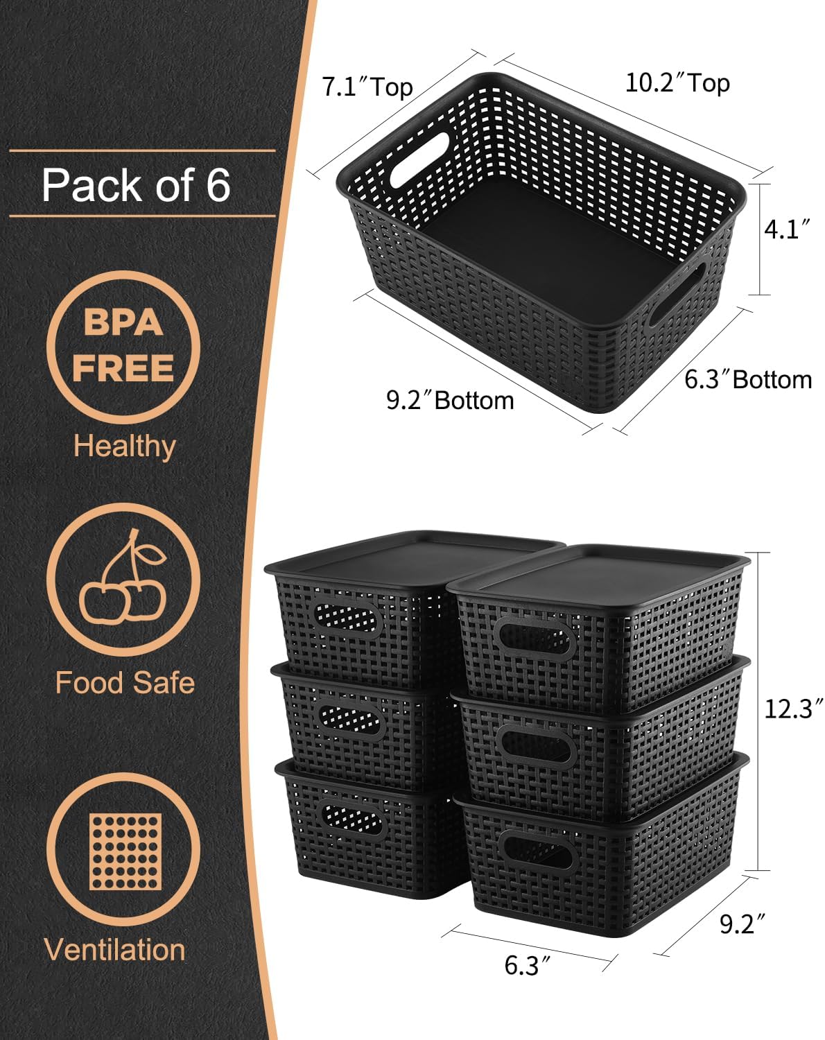 AREYZIN Storage Bins Plastic Storage Baskets With Lid Small Baskets for Organizing Stackable Storage Container Organizer Bins for Shelves Drawers Desktop Playroom Classroom Office, 6 Pack,Black