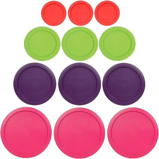 1, 2, 4 & 7 Cup Red, Spring Green, Purple, Pink Replacement Lids/Covers for Pyrex, Anchor Hocking & KlareWare Storage Bowls *Lids Only Glass Container Not Included* (12 Pack *Three of Each Size*)