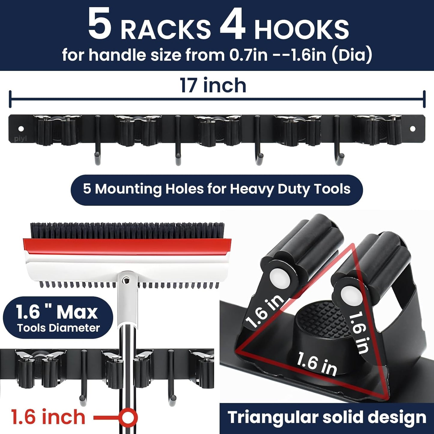 Piyl Mop and Broom Holder Wall Mount - 5 Racks and 4 Hooks Broom Hanger Mop Organizer Storage Tool Racks Stainless Steel Heavy Duty Utility Hooks for Home Kitchen Garden Laundry Garage Closet