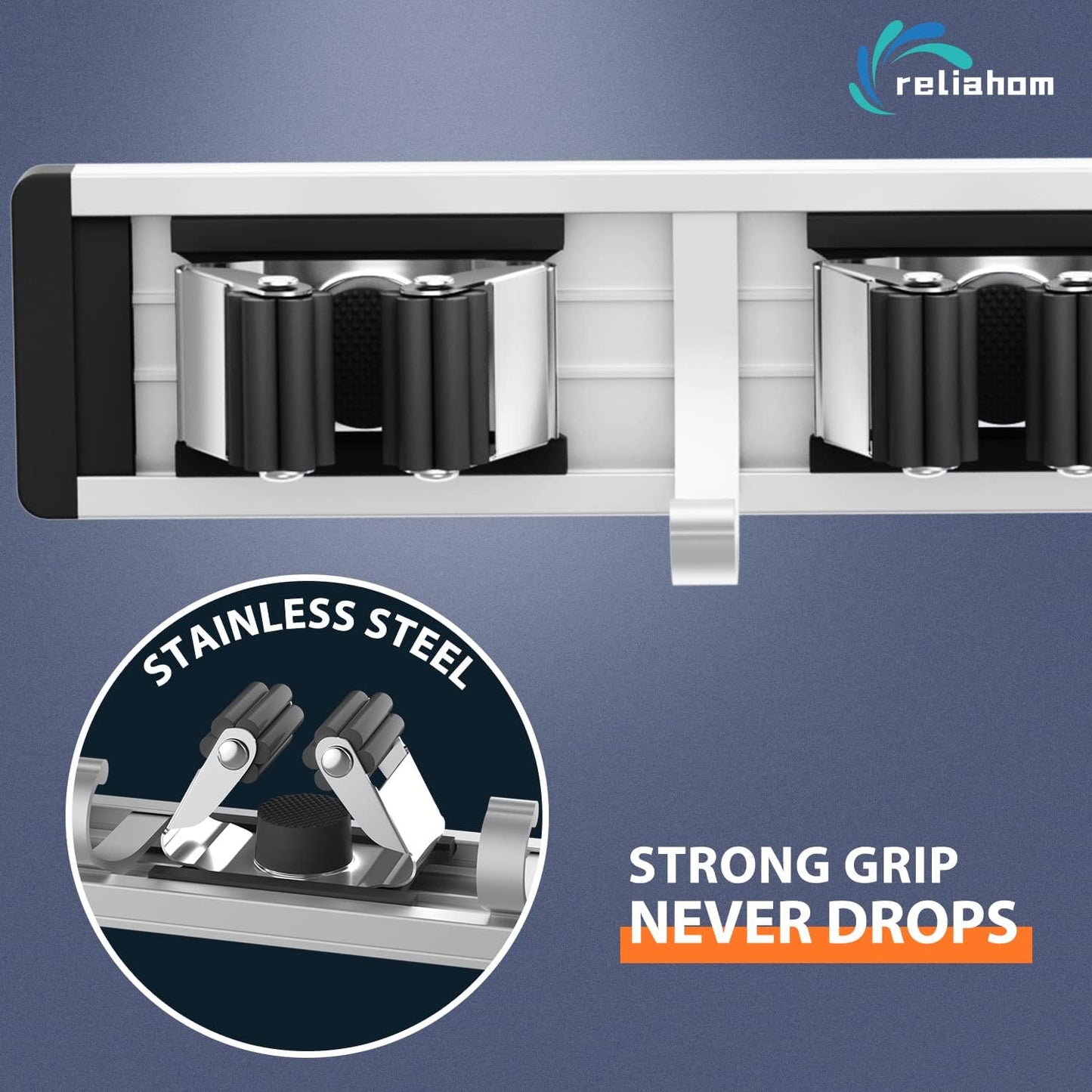 reliahom 2 Pack Broom Holder Wall Mount Mop and Broom Hanger Wall Mounted Garage Storage Rack Kitchen Garden Tool Organizer (5 Racks with 4 Hooks, Black)