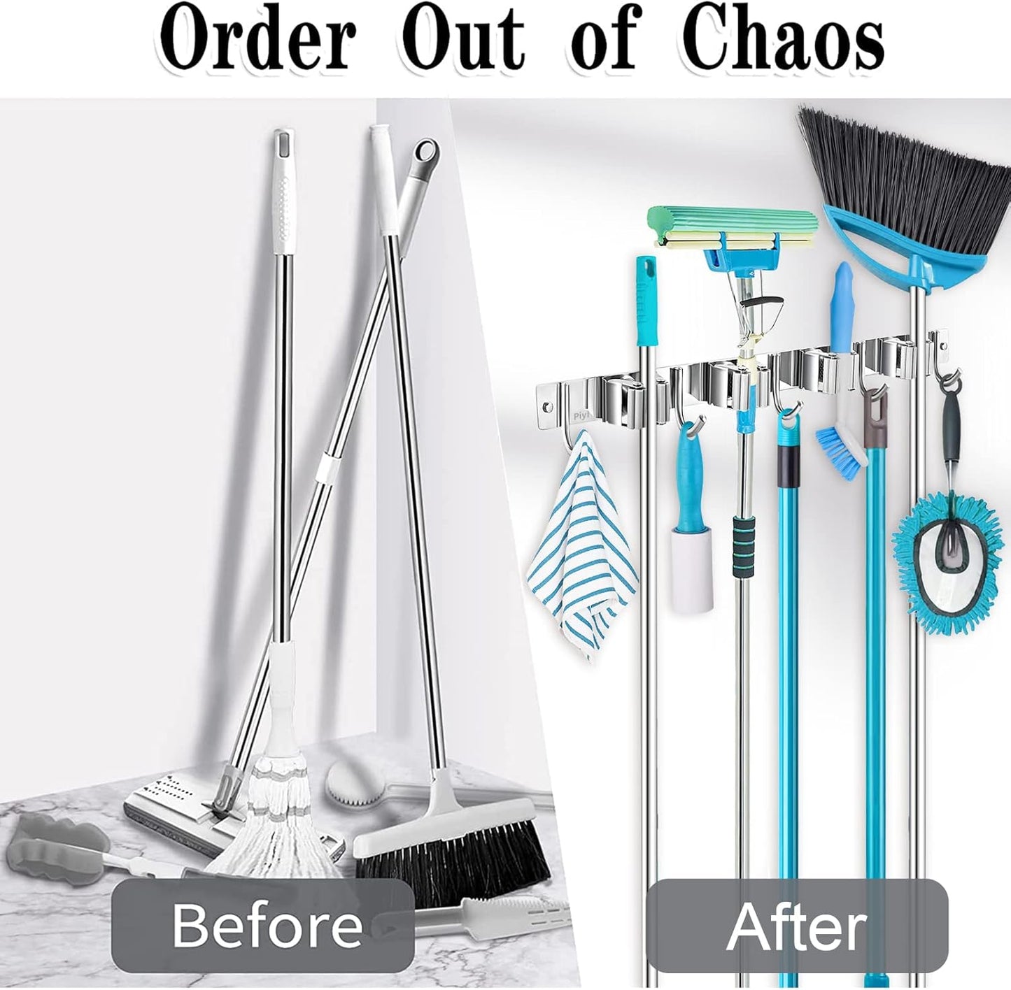 Piyl Broom Mop Holder Wall Mount Broom Hanger Wall Mounted Metal Organization Garage Storage Garden Kitchen Tool Organizer With 4 Racks and 5 Hooks (Silver, 1 Pack 4R5H)