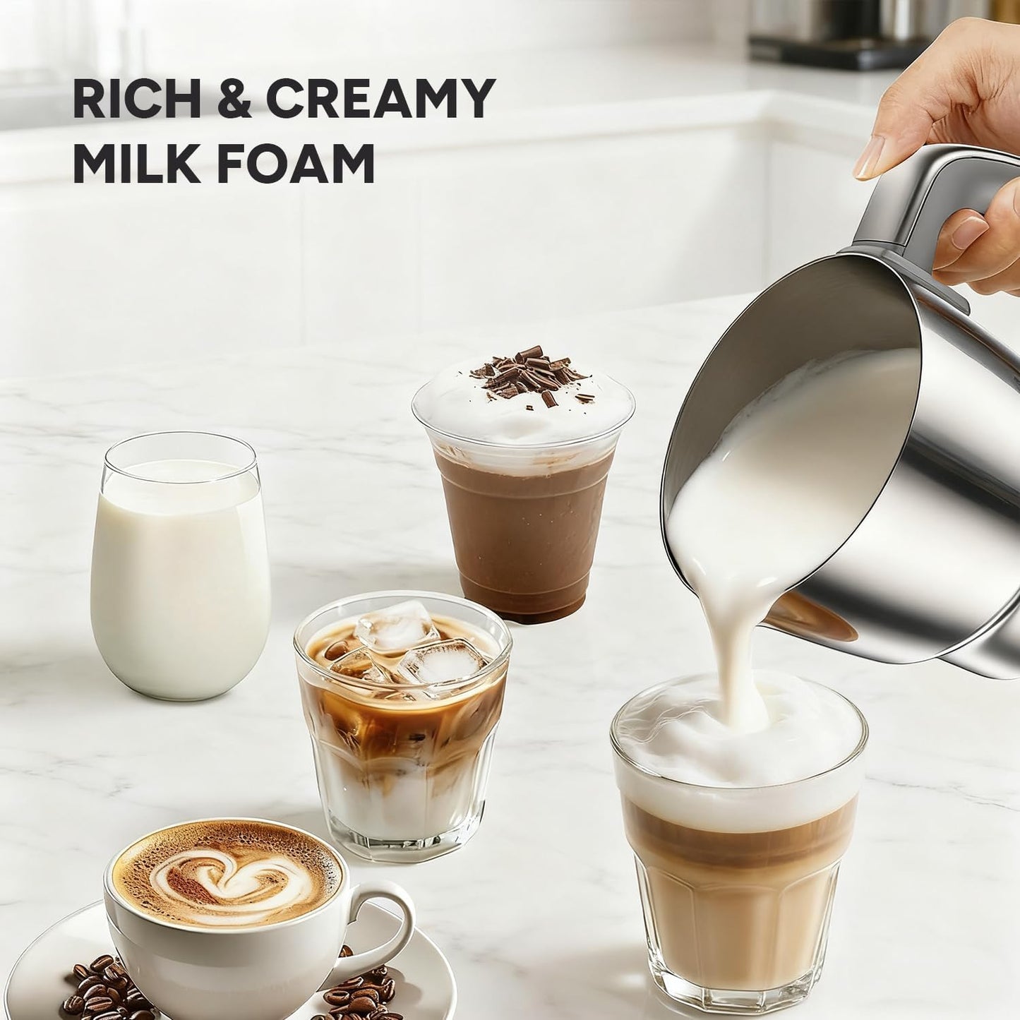 6-in-1 Electric Milk Frother and Steamer with Detachable Cups, Automatic Cold and Warm Foam Maker for Lattes/Cappuccinos/Hot Chocolate, Dishwasher Safe Black