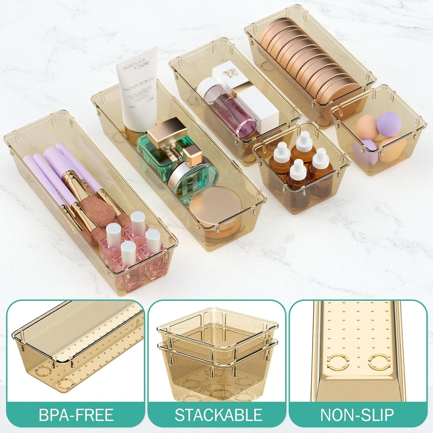 WOWBOX 9 Pack Clear Drawer Organizer Set, Acrylic Drawer Storage Trays, Storage Bins for Makeup, Cosmetics, Jewelries, Utensils, Gadgets, Office, Champagne