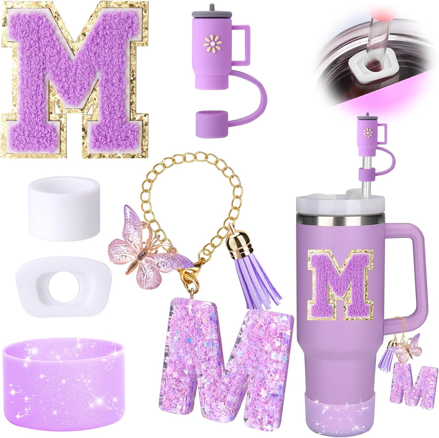 Mity rain 6PCS Cup Accessories Set for Stanley Cup 30oz 40oz tumbler with handle, Including Silicone Straw Topper Cover Cap and Boot, Spill Proof Stopper, Handle Charm, Initials Sticker (Letter M)