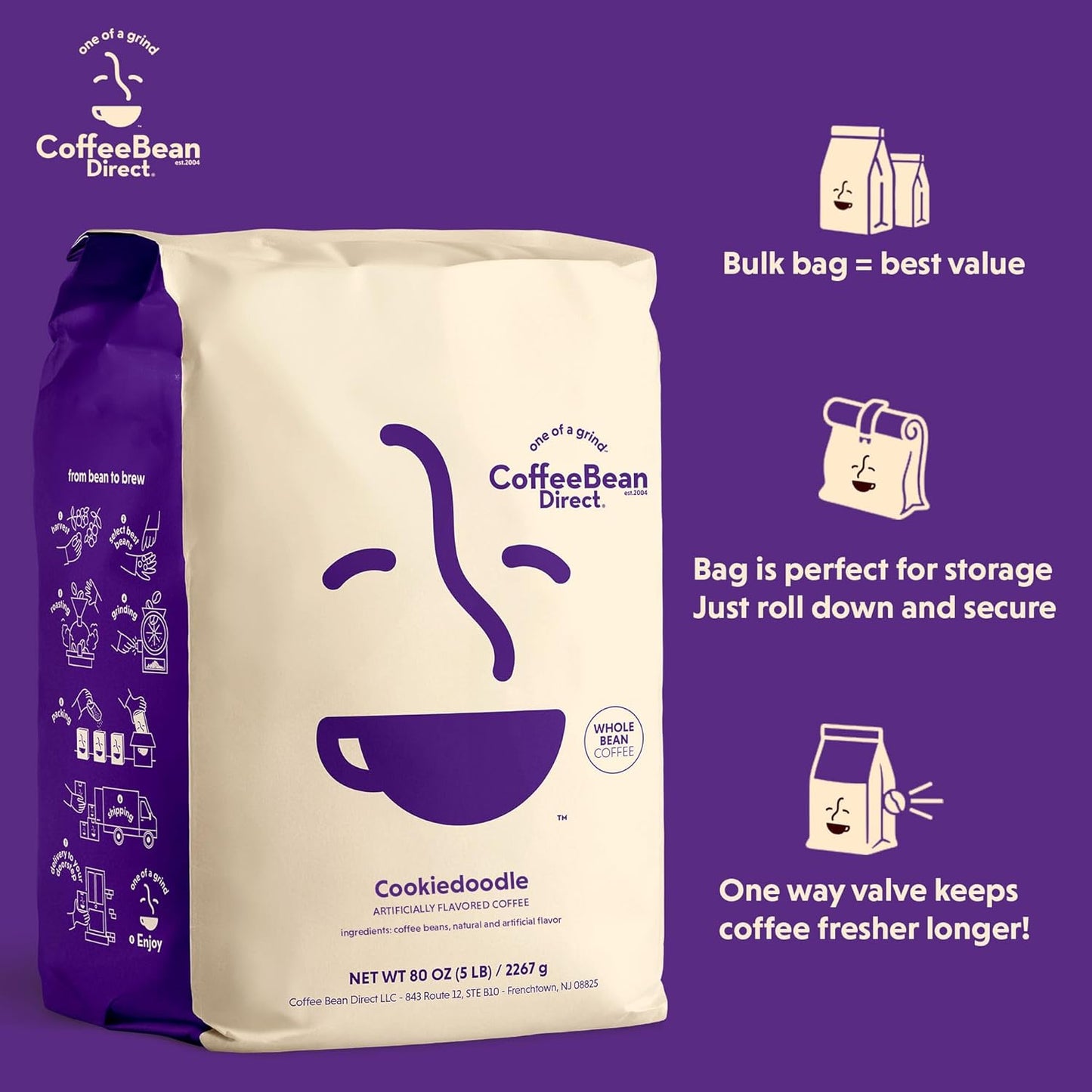 Coffee Bean Direct Cookiedoodle Flavored, Whole Bean Coffee, 5 Pound Bag (Pack of 1)