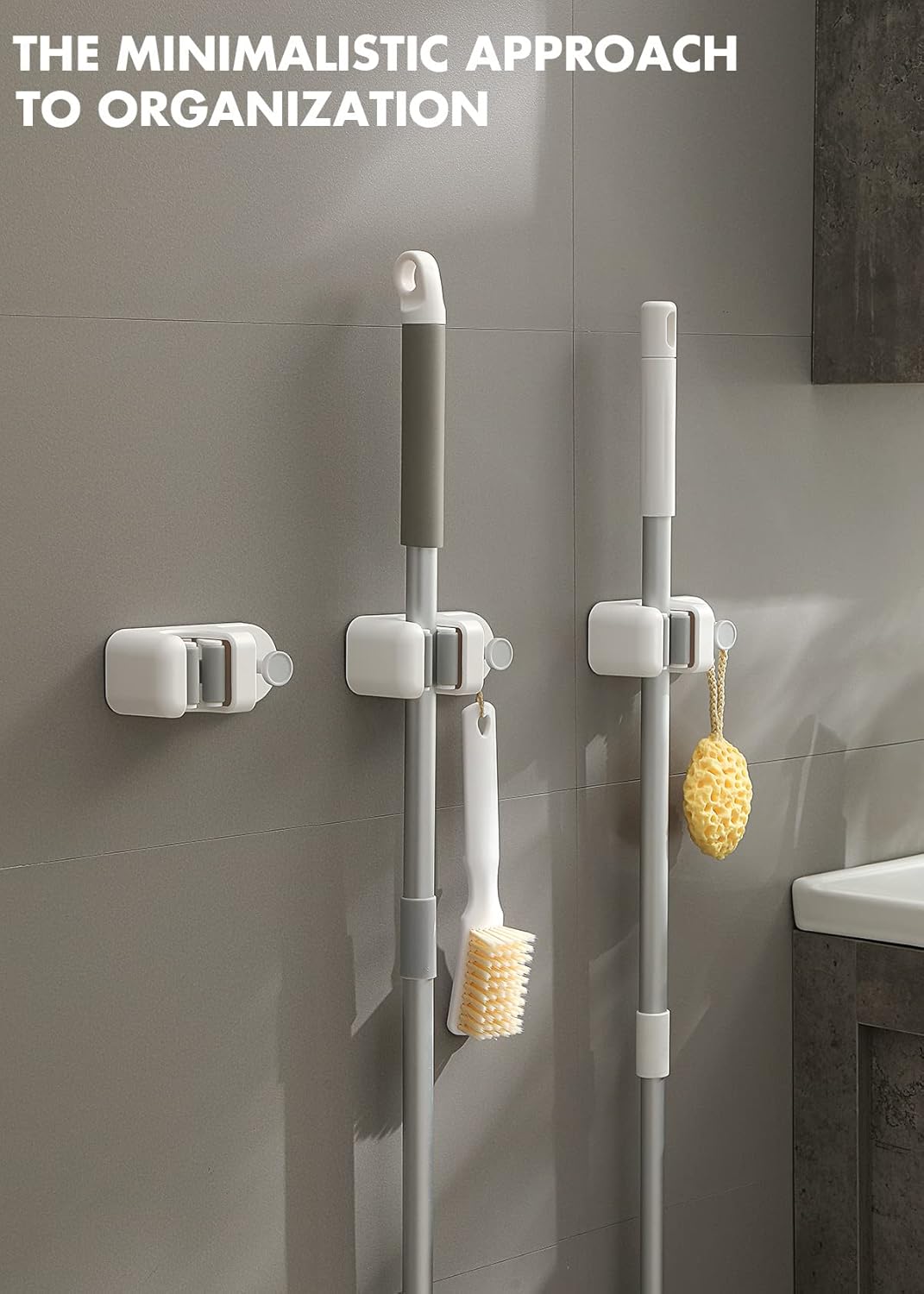 BEZOX Mop Holder with Hook - Drill Free Wall Mount Broom Gripper, Cleaning Supplies Organizer Utility Holder - 1PCS