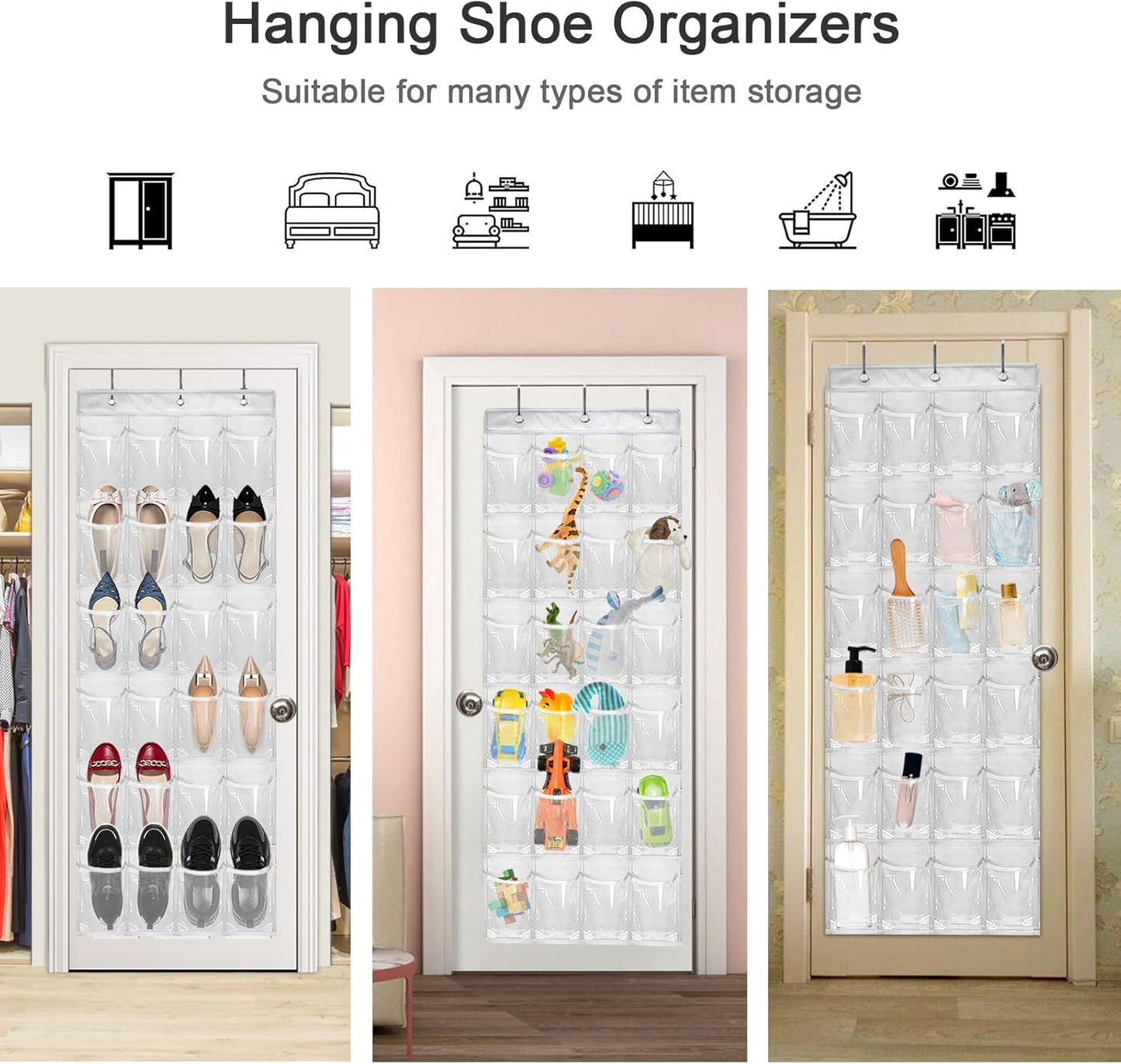 Over The Door Shoe Organizer - 2 Pack Shoe Rack for Door with 24 Pockets and Hooks, Shoe Holder Back of Door Organizers for Shoes, Hanging Shoe Organizer for Space Saving, White