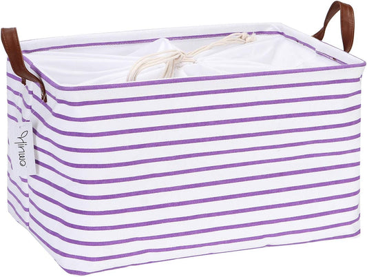 Hinwo 31L Large Storage Bins, Closet Organizers and Storage, Shelf Baskets, Foldable Clothes Storage Baskets with Handles, Containers for Clothing, Blanket, Towels, Toys, Bedding (Purple Stripe)
