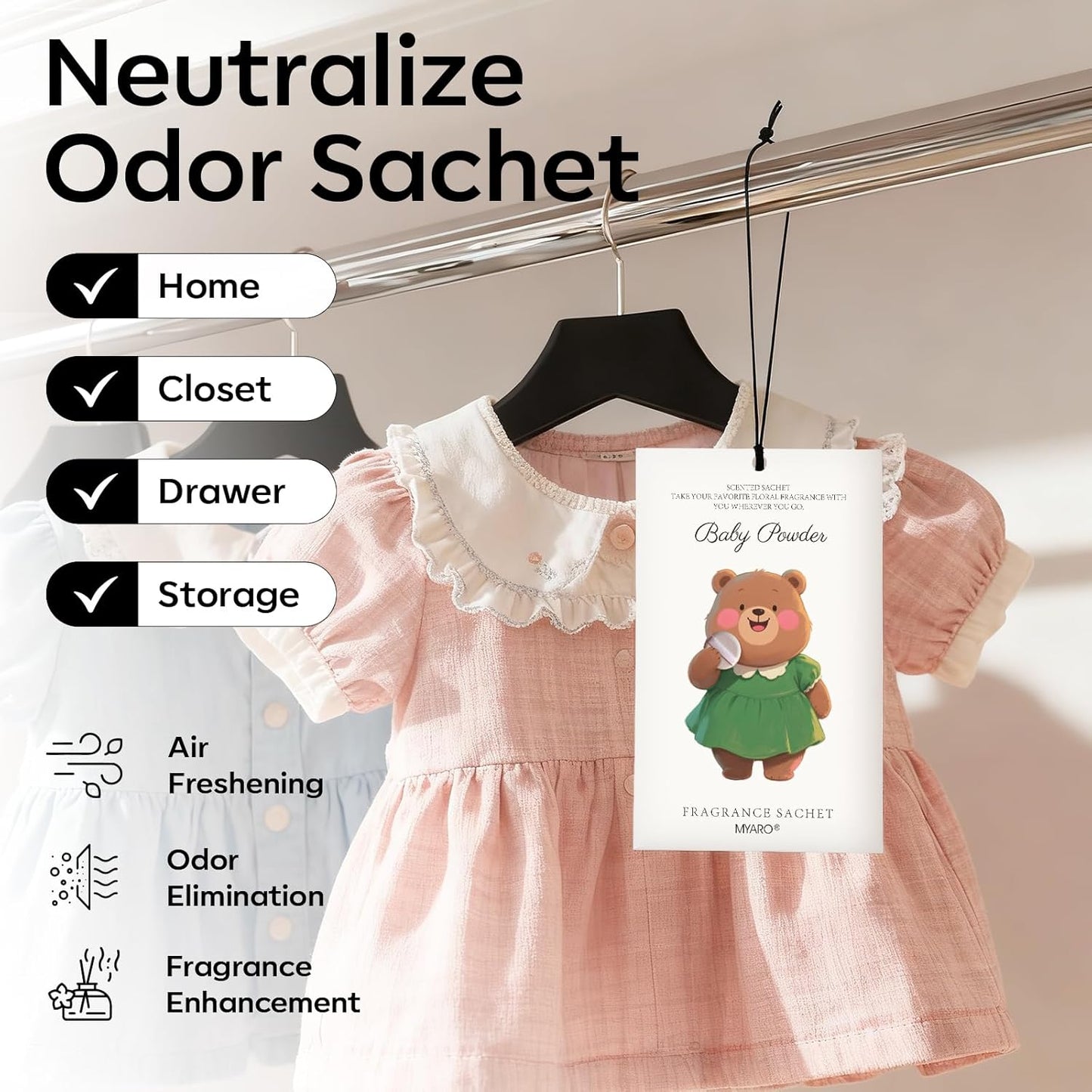 MYARO 12 Packs Baby Powder Scent Sachets Room Air Freshener for Closet Drawer Clothes Storage Small Space Odor Eliminator