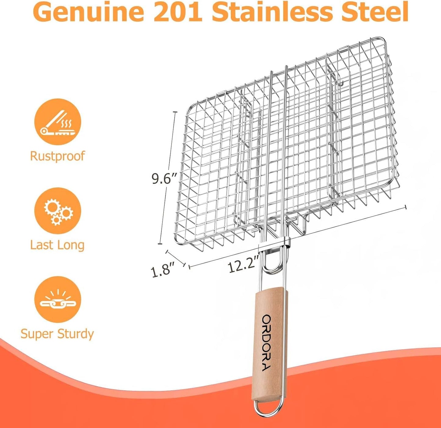 ORDORA Grill Basket, Fish Grill Basket, Rustproof Stainless Steel BBQ Grilling Basket for Meat,Steak etc, Grill Accessories,Grilling Gifts for Men Dad