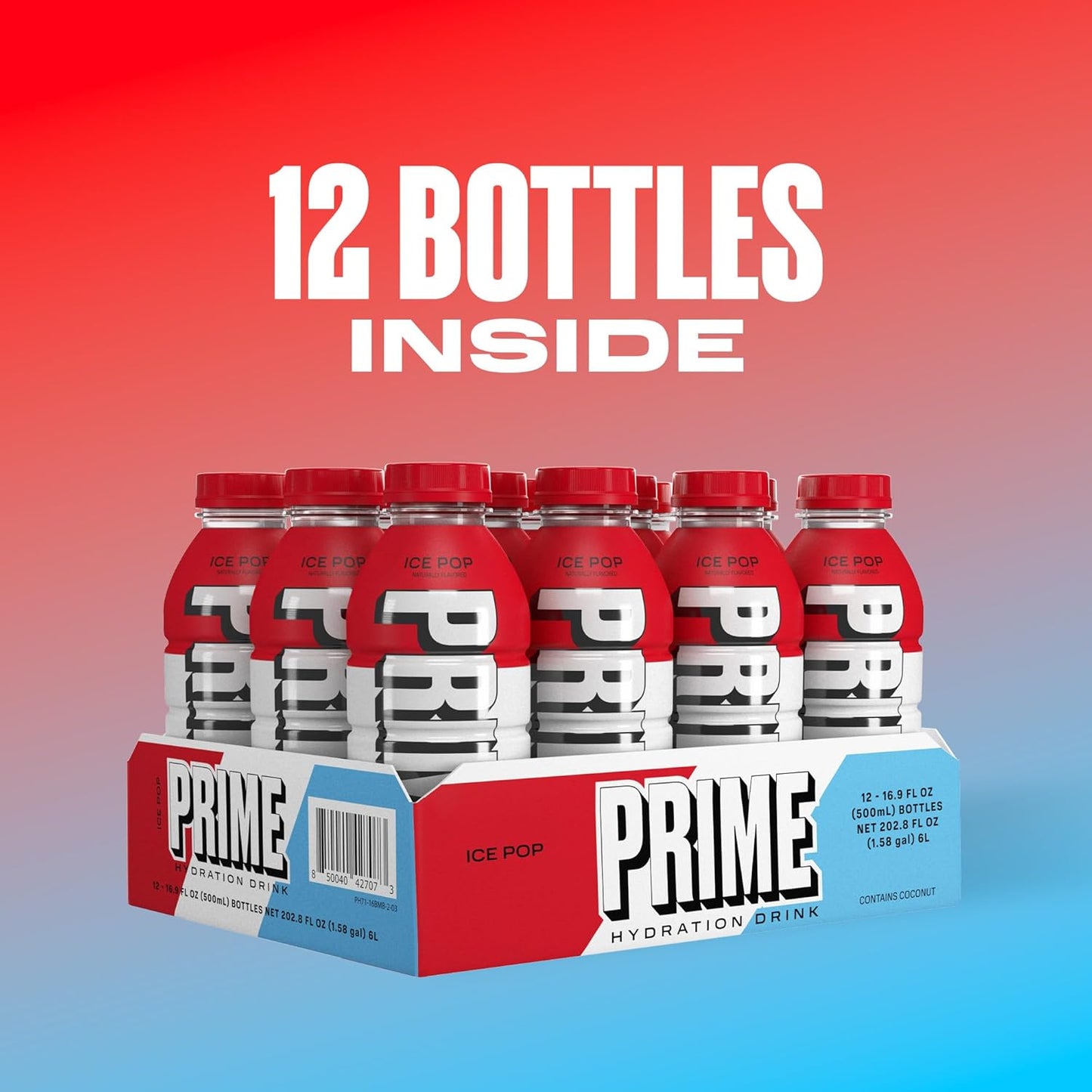 PRIME Hydration ICE POP, Sports Drinks, Electrolyte Enhanced for Replenishing Fluids, 250mg BCAAs, B Vitamins, Antioxidants, Low Sugar, 16.9 Fl Oz, 12 Pack