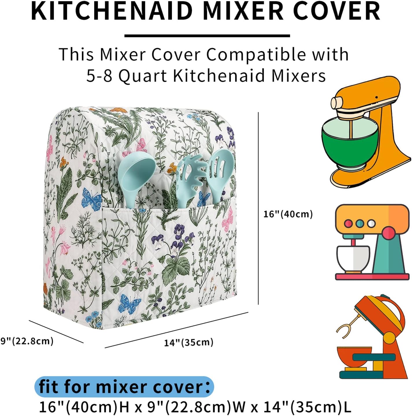Stand Mixer Cover,Floral and Plants Kitchen Mixer Cover Compatible With 5-8Qt Kitchenaid Hamilton Mixers,Spring Summer Kitchen Decor,Kitchen Aid Mixer Covers,Pioneer Woman Kitchen Aid Mixer Assecories