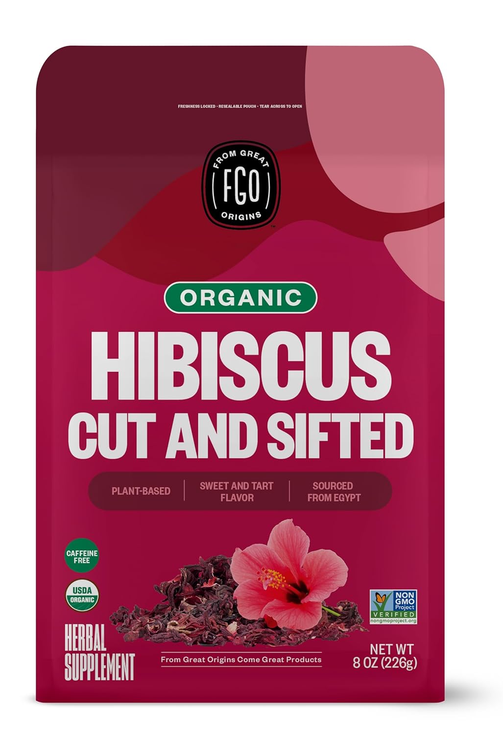 FGO Organic Hibiscus Flowers, Cut and Sifted, Loose Tea, 8oz Resealable Bag, Packaging May Vary (Pack of 1)
