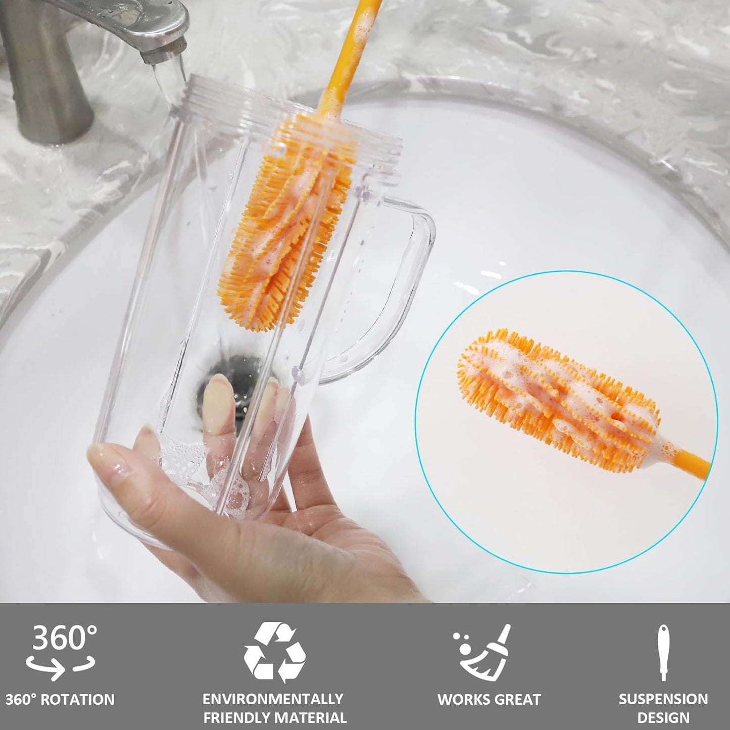 15.7" Silicone Bottle Brush, ddLUCK Water Bottle Cleaner Brush for Stanley, Hydroflasks, Glass, Thermos Sports Bottle, Vase and Glassware, Bottle Brush Cleaner for Narrow Neck Containers (Orange)