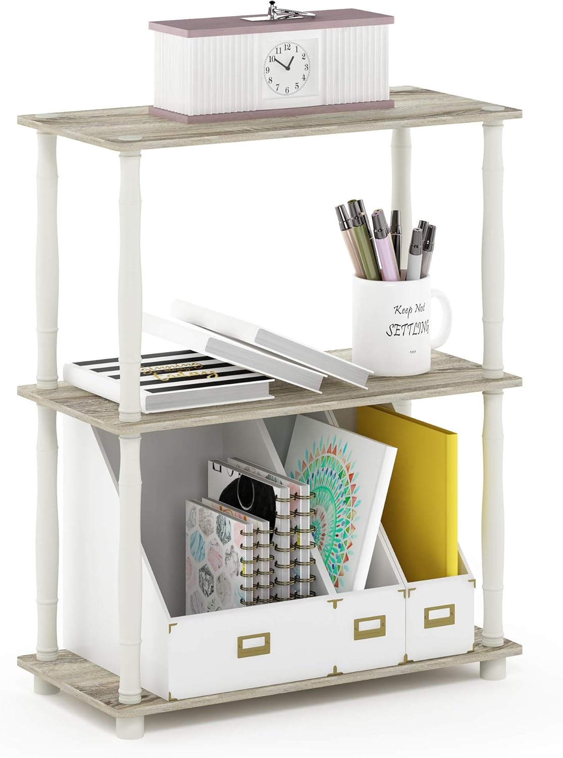 Furinno Turn-N-Tube 3-Tier Compact Multipurpose Shelf Display Rack with Classic Tube, Sonoma Oak/White