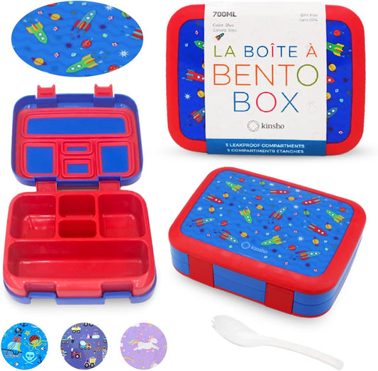 Kinsho Bento Lunch Box for Kids Toddlers, 5 Portion Control Sections, BPA Free Removable Plastic Tray, Pre-School Kid Toddler Daycare Lunches, Snack Container Ages 3 to 7 (Blue Space Rockets)