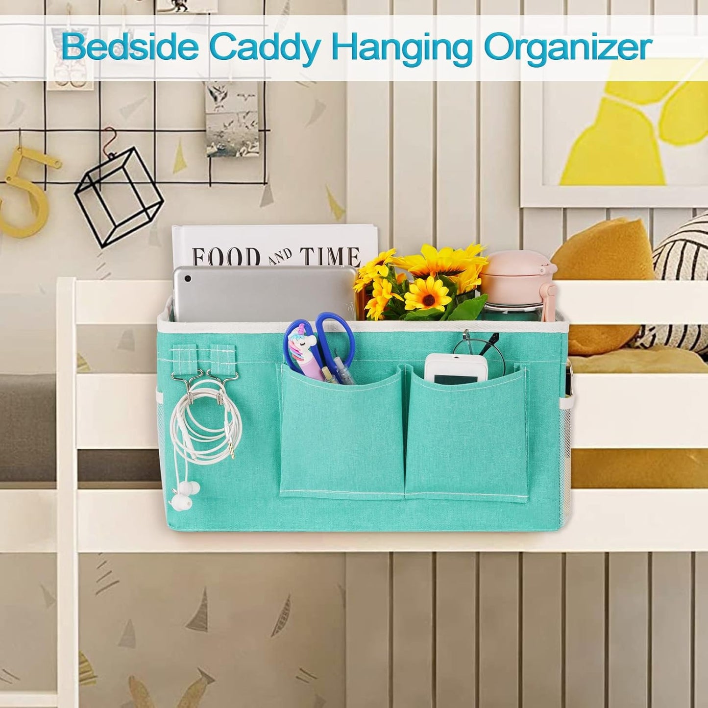 Loghot Bedside Caddy/Bedside Storage Bag Hanging Organizer for Bunk and Hospital Beds,Dorm Rooms Bed Rails,Can be Placed Glasses,Books,Mobile Phones,Keys (Green)
