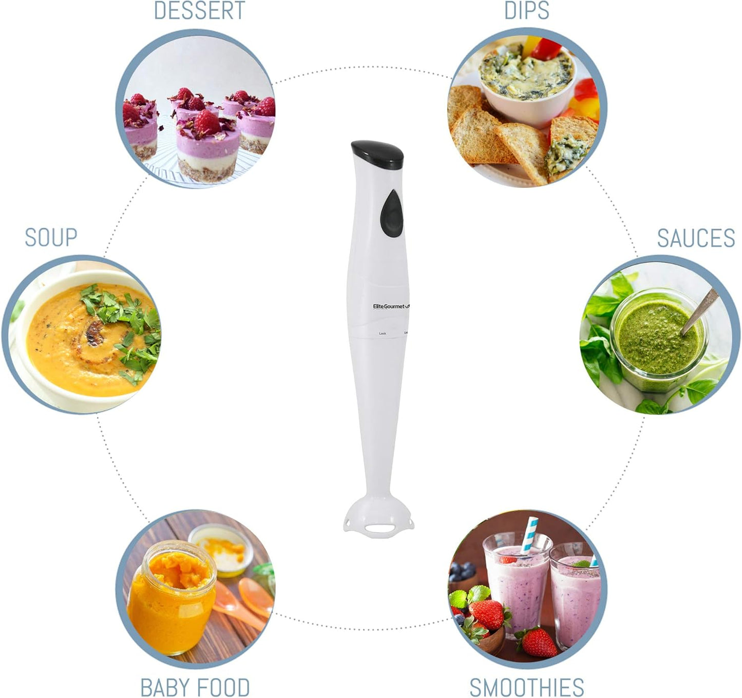 Elite Gourmet EHB2400W Electric Immersion Hand Blender, Mixer, Chopper, 1-Touch Control Multi Purpose Electric Immersion Stick, Mixer, Chopper, 150 Watts, For Soups, Sauces, Baby Food, White