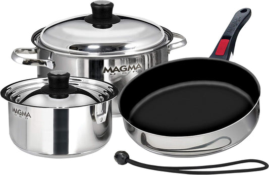 Magma 7 Piece Gourmet Nesting Stainless Steel Cookware Set with Ceramica Non-Stick, Induction Compatible, Oven Safe to 500°F - Suitable for All Stovetops, Removable Handles, Stainless Steel