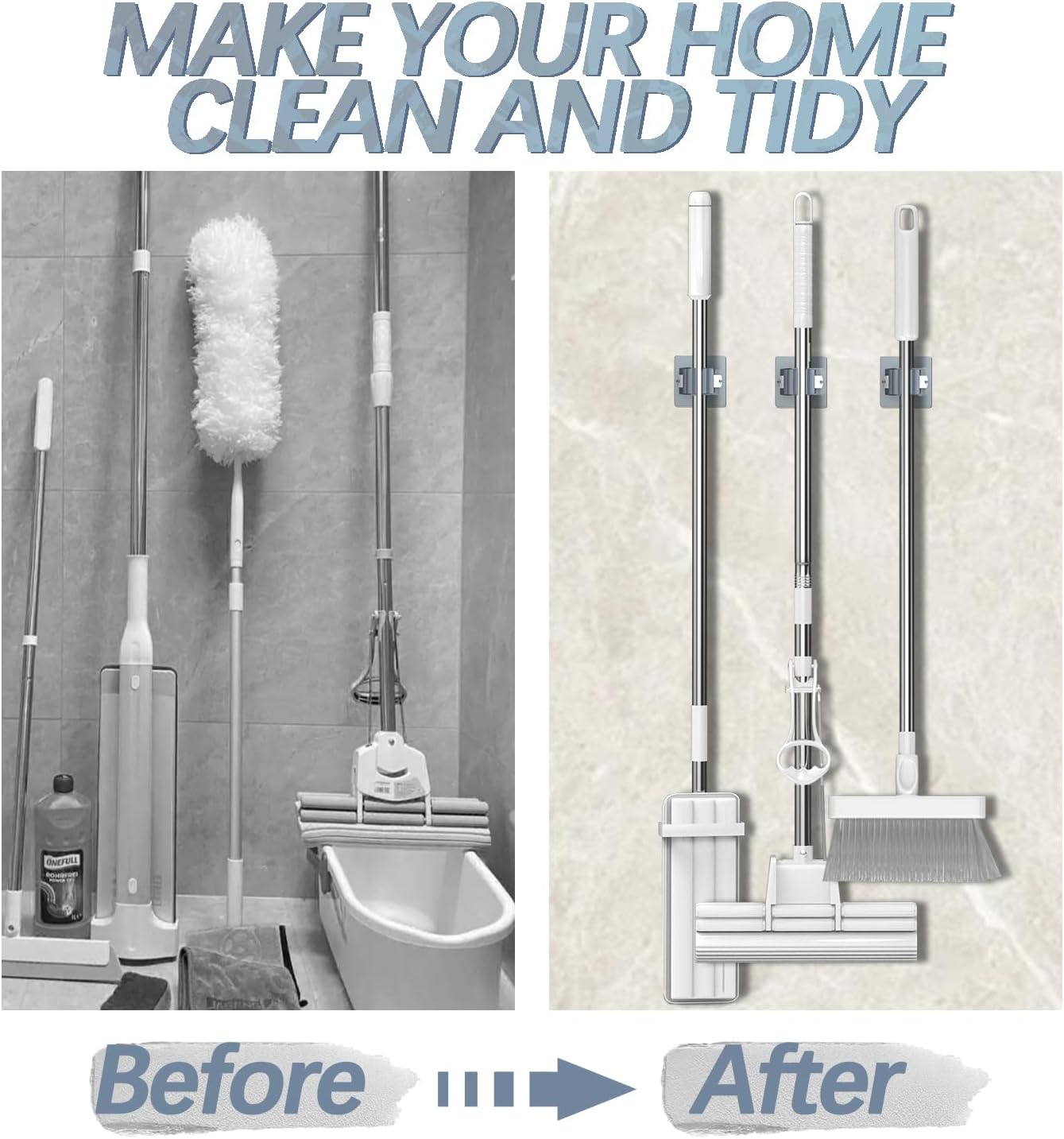 3-H 8-Pack Self Adhesive Broom Holder Wall Mount - Heavy Duty No Drill Broom Organizer for Garage Closet Kitchen, Plastic Storage Rack for Brooms Mops Tools, Peel and Stick Adhesive