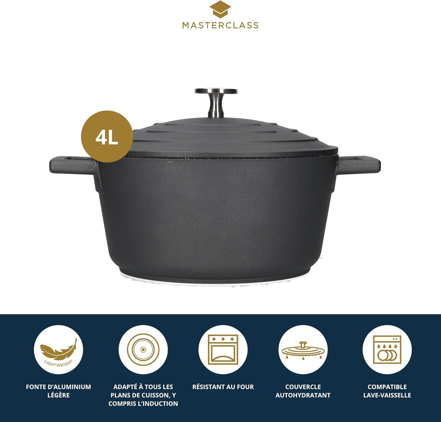 masterclass Cast Aluminium Induction-Safe Non-Stick Casserole Dish, 4 L (7 pts) -Black
