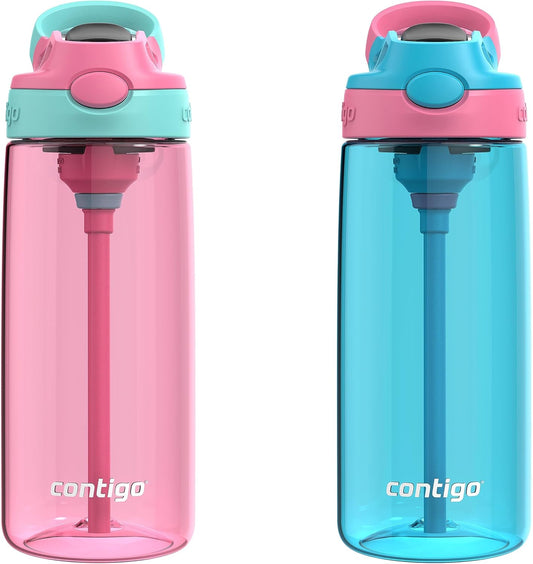 Contigo Aubrey Kids Water Bottle, 2-Pack, 20oz, Azalea/Jade & Blue Raspberry.Azalea, Spill-Proof Lid, Dishwasher Safe, BPA Free