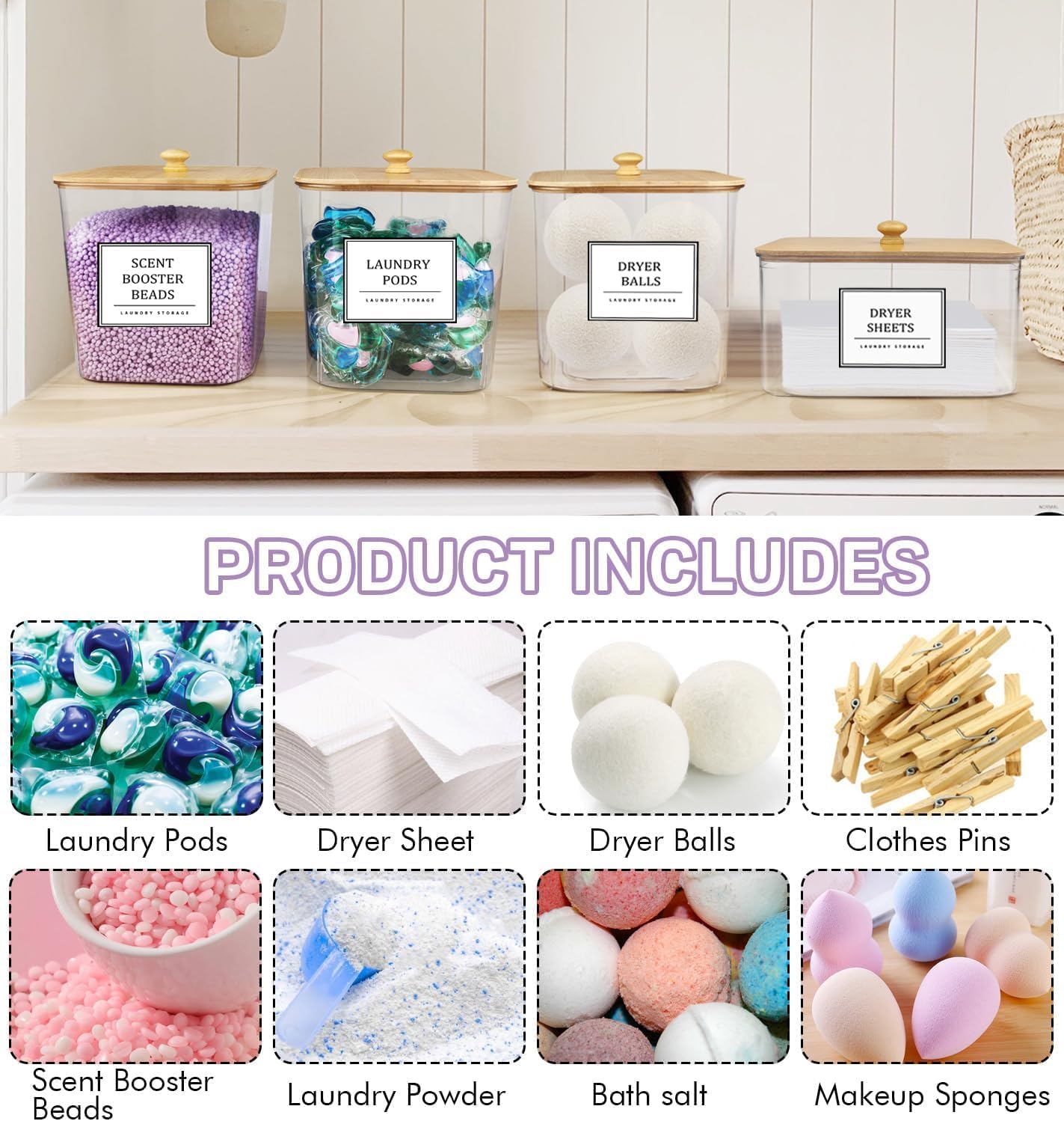4+1 Pack Laundry Room Organization Containers,Clear Laundry Pods Container,Large Laundry Detergent Powder Storage Containers with Wooden Lids & Labels,Laundry Pods Holder for Scent Booster,Powder,Pods