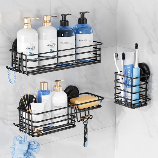 TAILI Shower Caddy Suction Cup, 3 Pack Shelves for Inside with Hooks & Soap holder Toothbrush Cups, Removable Bathroom Organizer, Rustproof Black Holder Storage-Black