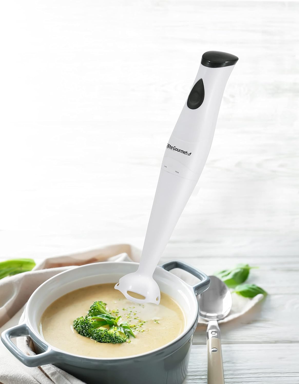 Elite Gourmet EHB2400W Electric Immersion Hand Blender, Mixer, Chopper, 1-Touch Control Multi Purpose Electric Immersion Stick, Mixer, Chopper, 150 Watts, For Soups, Sauces, Baby Food, White