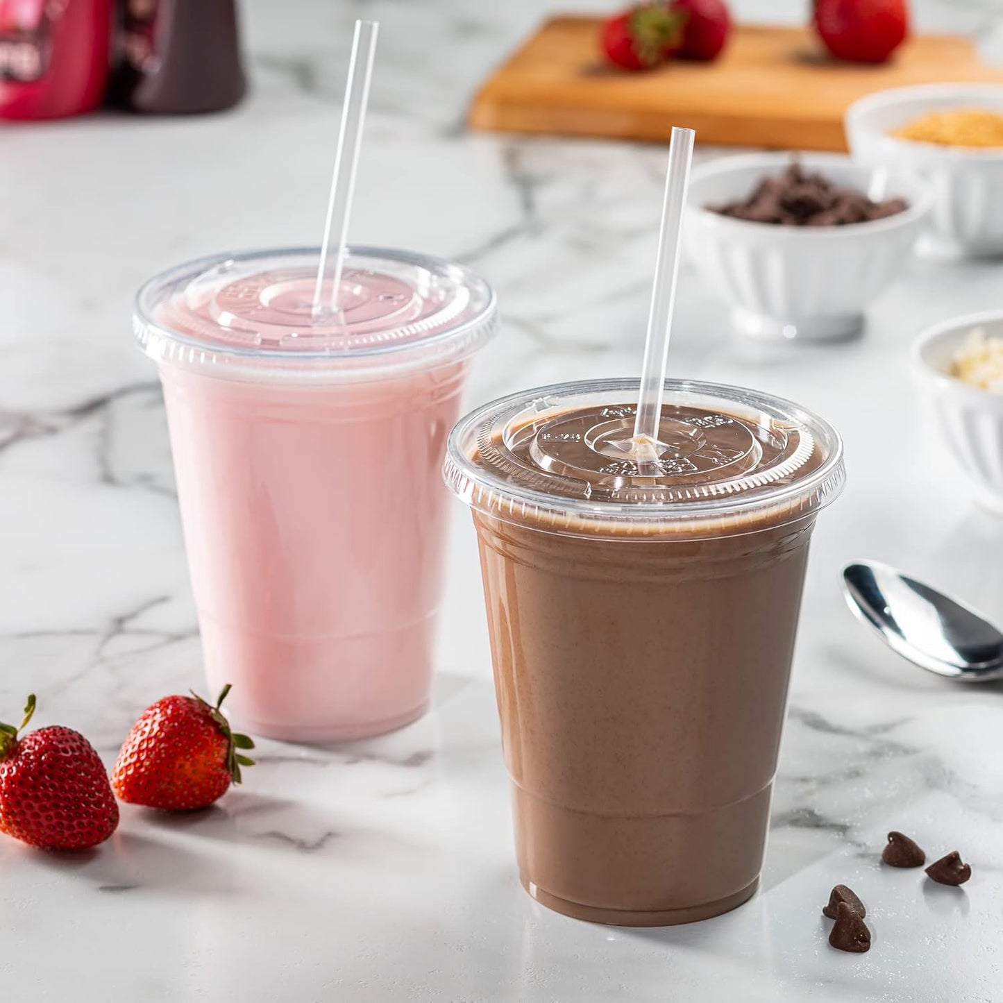 GUSTO Clear Plastic Cups with Flat Lids [16 oz - 100 Count] - Disposable Iced Coffee Cups with Lids - PET Plastic Cold Cups for Smoothies, Juices & To-Go Drinks - Formerly Comfy Package