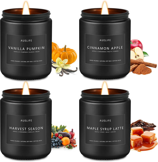 Fall Candles, 4 Pack Soy Candles Set - Autumn Scents of Vanilla Pumpkin, Cinnamon Apple, Harvest Season, Maple Syrup Latte, Aromatherapy Fall Gifts for Men & Women, Thanksgiving Home Decor