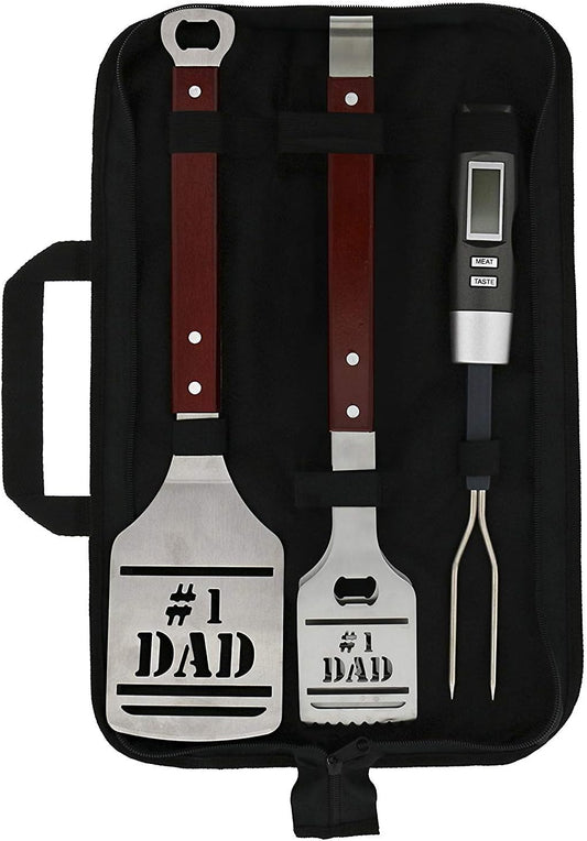 Panoware BBQ Grill Tools Set for Dad, 4 Piece Set, Number 1 Dad Tongs, Spatula, Digital Thermometer and Case