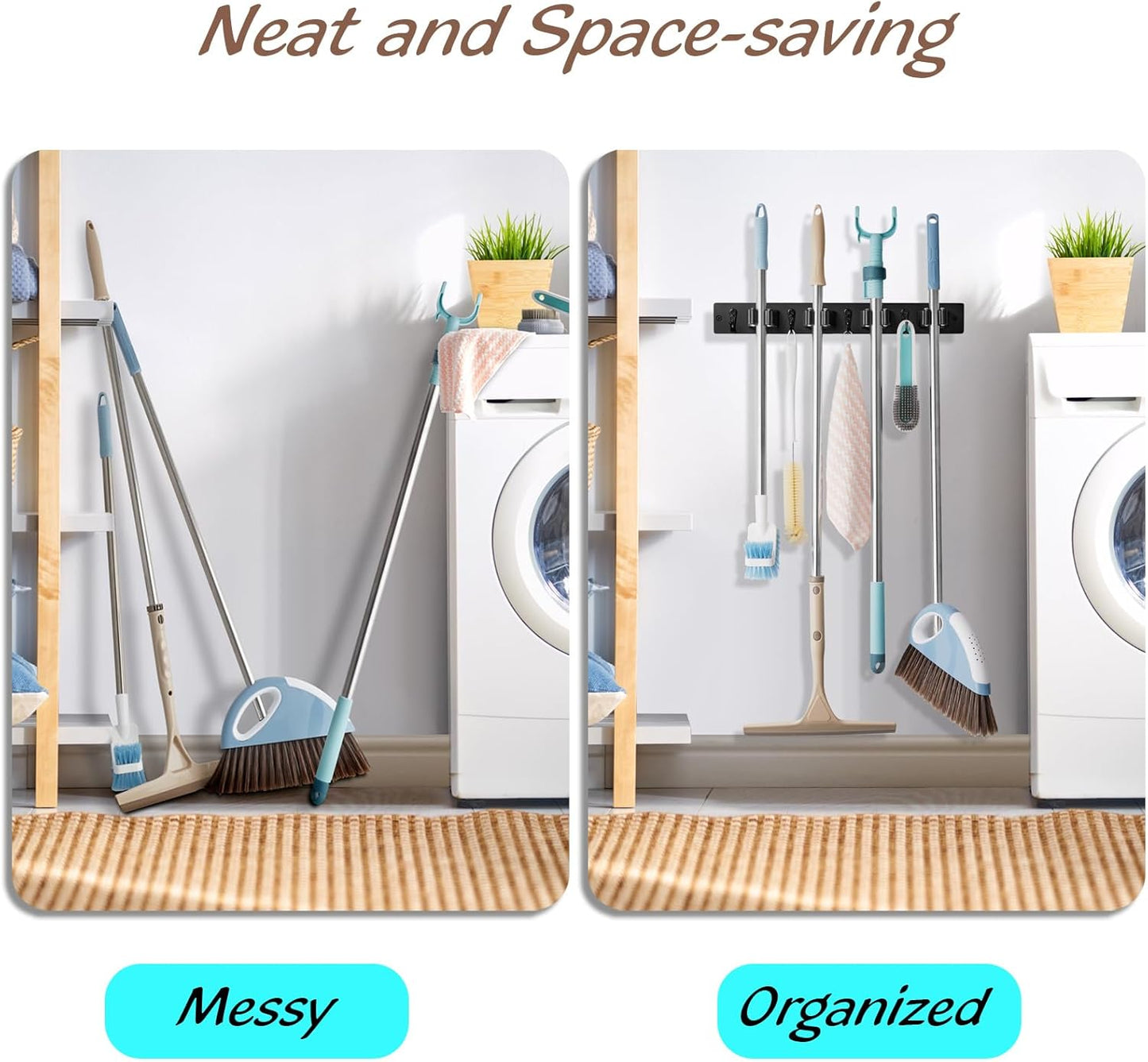 2 Pack Black Mop Broom Holder Wall Mount - Wood Broom Mop Hanger - Wall Mounted Garden Tool Rack Organizer for Closet Garage Laundry Room, 4 Slots & 4 Hooks