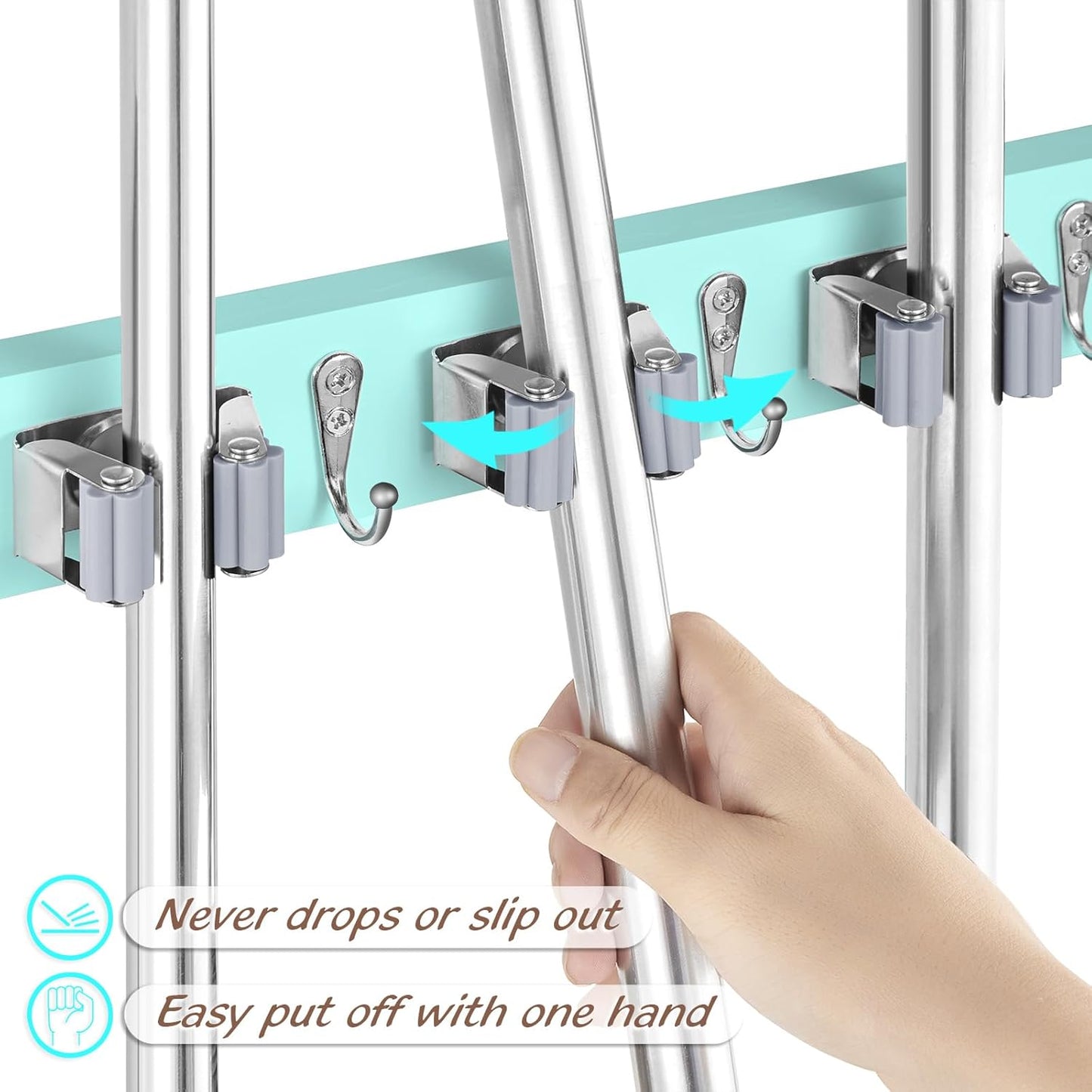 Turquoise Mop Broom Holder Wall Mount with 4 Slots & 4 Hooks - Wood Broom Mop Hanger for Pantry Closet Laundry Room Organization - for Teal Kitchen Decor and Accessories
