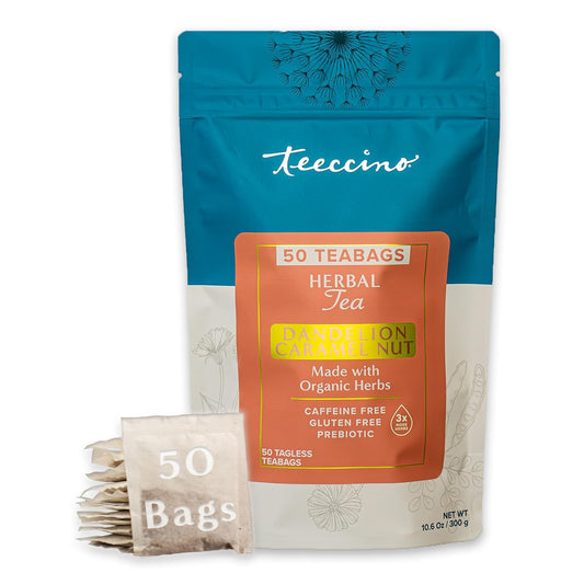 Teeccino Dandelion Caramel Nut Tea - Caffeine Free, Roasted Herbal Tea with Prebiotics, 3x More Herbs than Regular Tea Bags, Gluten Free - 50 Tagless Eco-Friendly Tea Bags