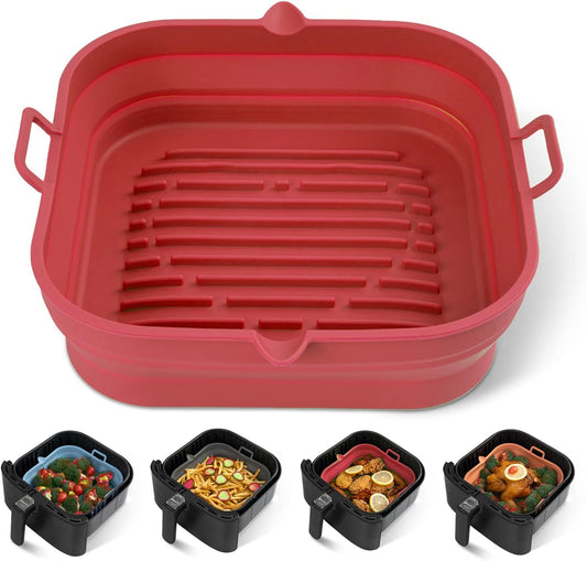 Silicone Air Fryer Liners Square - Reusable Airfryer Silicone Basket - Easy to Clean Air Fryers Silicone Pot for 5.8 to 8 Qt Air Fryer Baking Tray Oven Accessories, 8.5 Inch Large(Red)