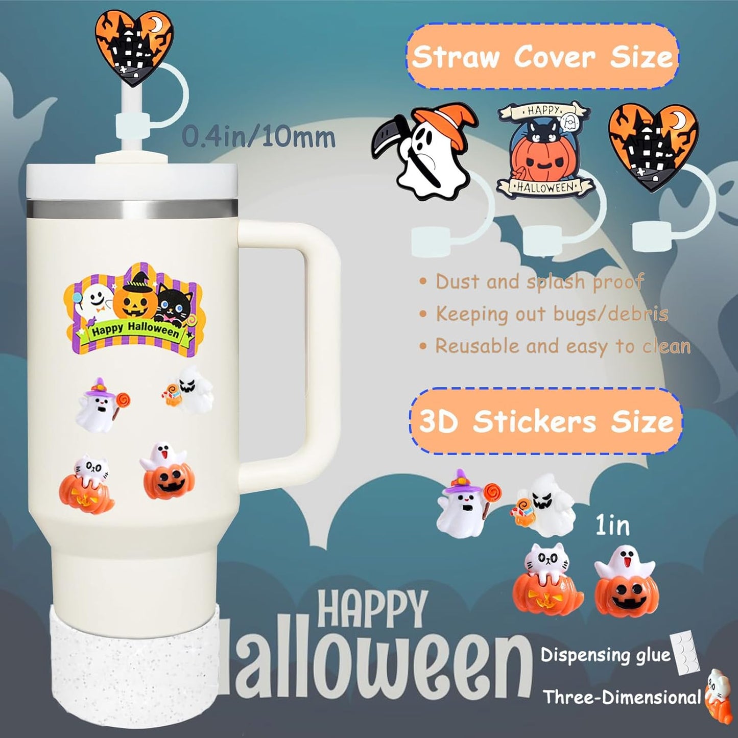 Stanley Cup Accessories Set,Including 3 Pcs 0.4in Halloween Straw Cover, 5 Pcs Halloween 3D&Flat Stickers, 1 Pcs Handle Charm, 1 Silicone Boot Fits Stanley 40&30 Oz Tumbler (Glitter Transparent)