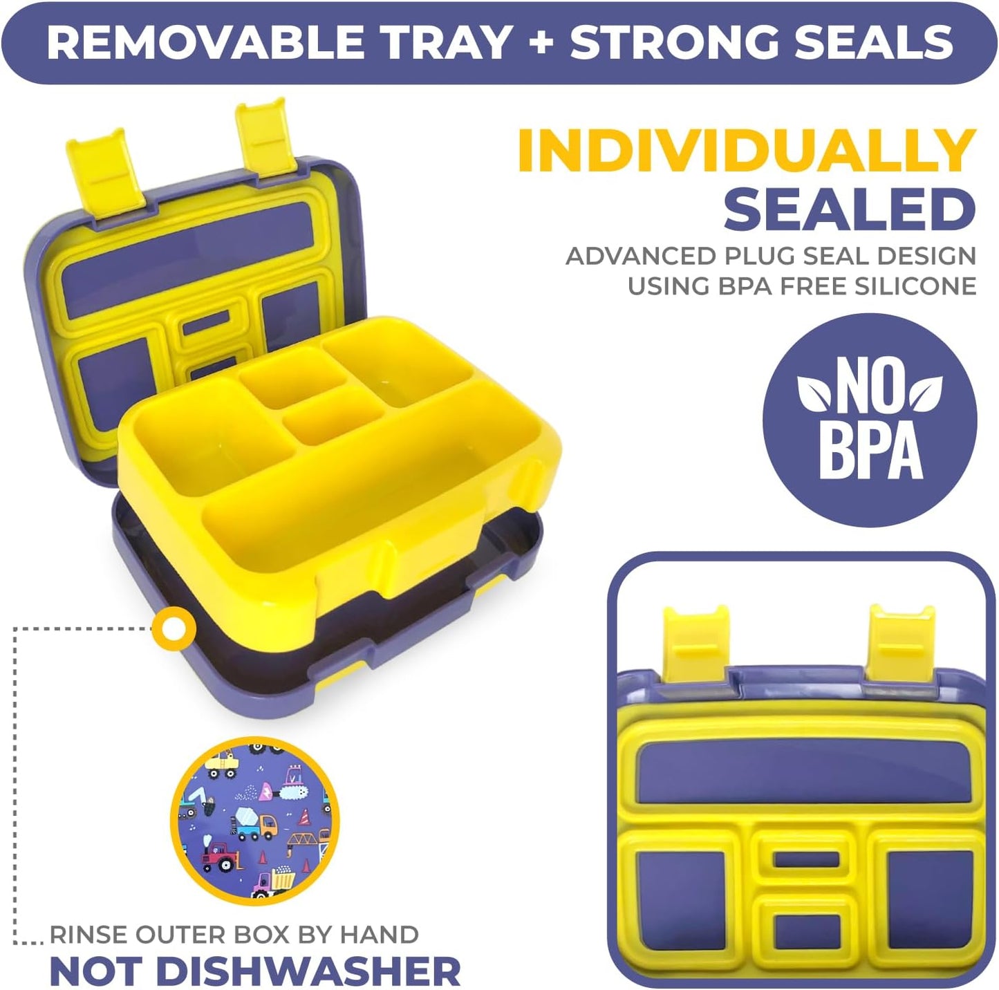 kinsho Bento Lunch Box for Kids Toddlers Boys, 5 Portion Sections Secure Lid, Microwave Safe BPA Free Removable Tray, Pre-School Kid Daycare Lunches Snack Container Ages 3 to 5, Blue Yellow Trucks