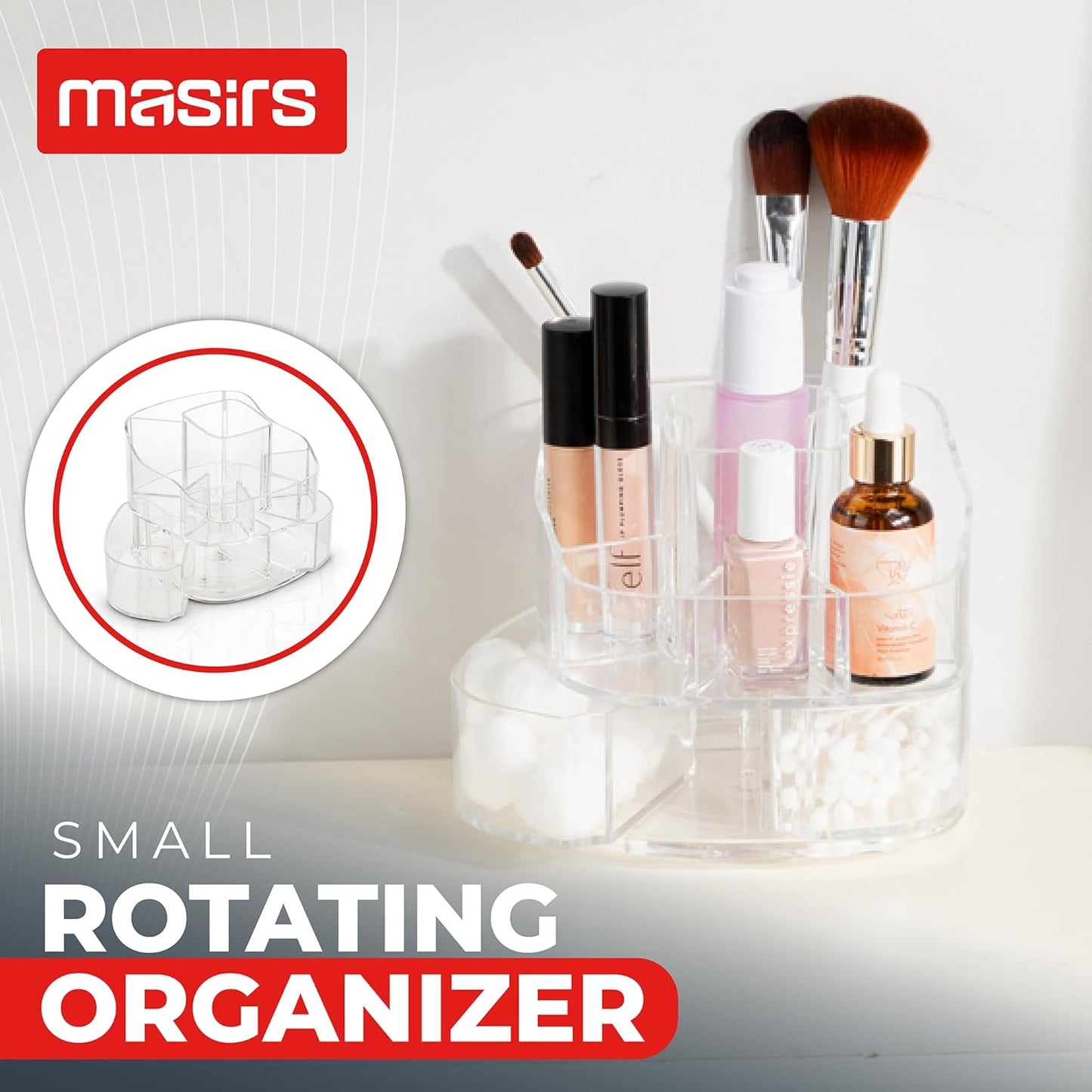 Masirs Small Rotating Makeup Organizer - Mini Yet Spacious Cosmetic Storage Solution with Multiple Compartments - The Perfect Spinning Make-Up Caddy for Vanity or Bathroom Counter (Square - Clear)